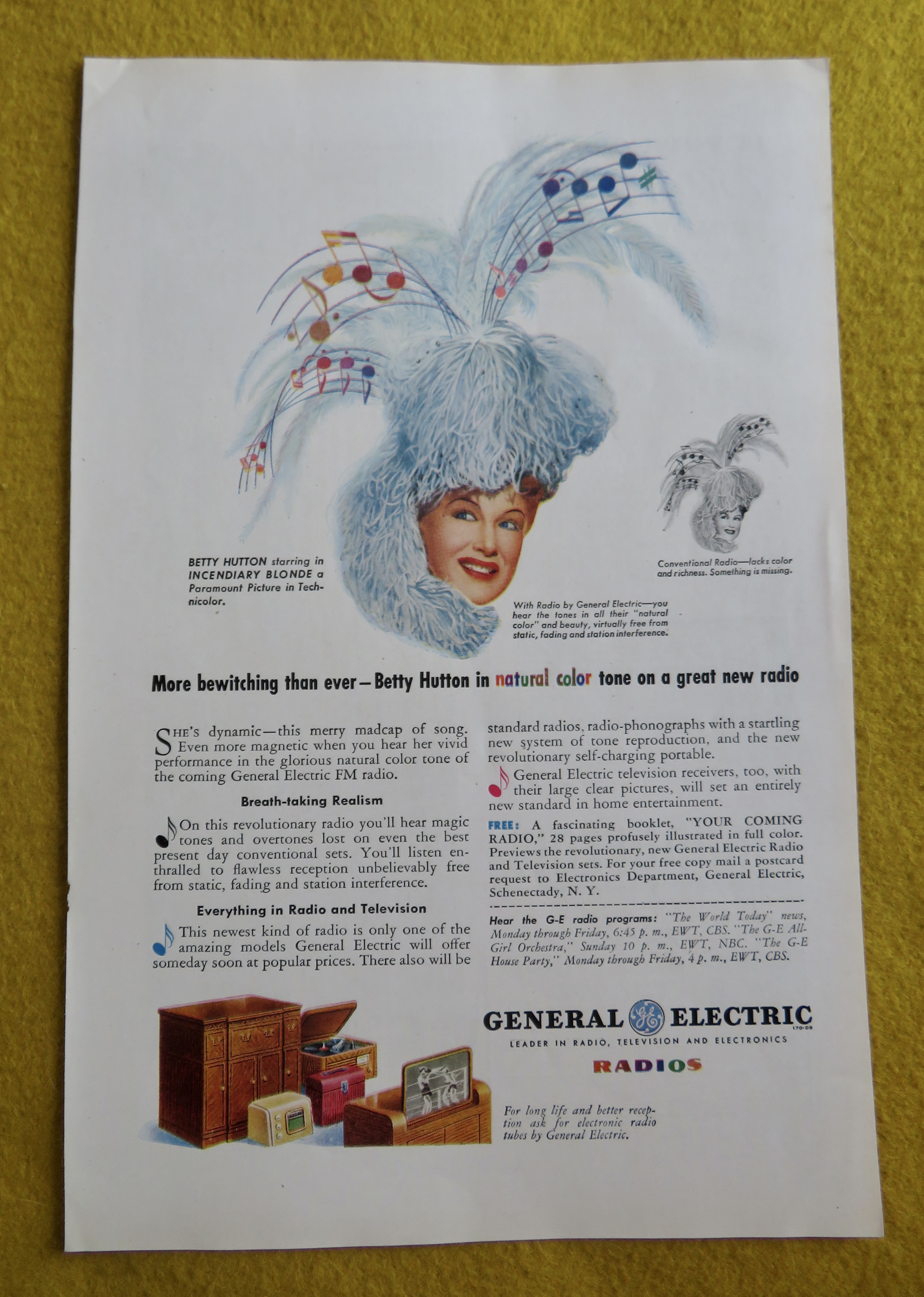 1945 General Electric Radio w/ Movie Star Betty Hutton