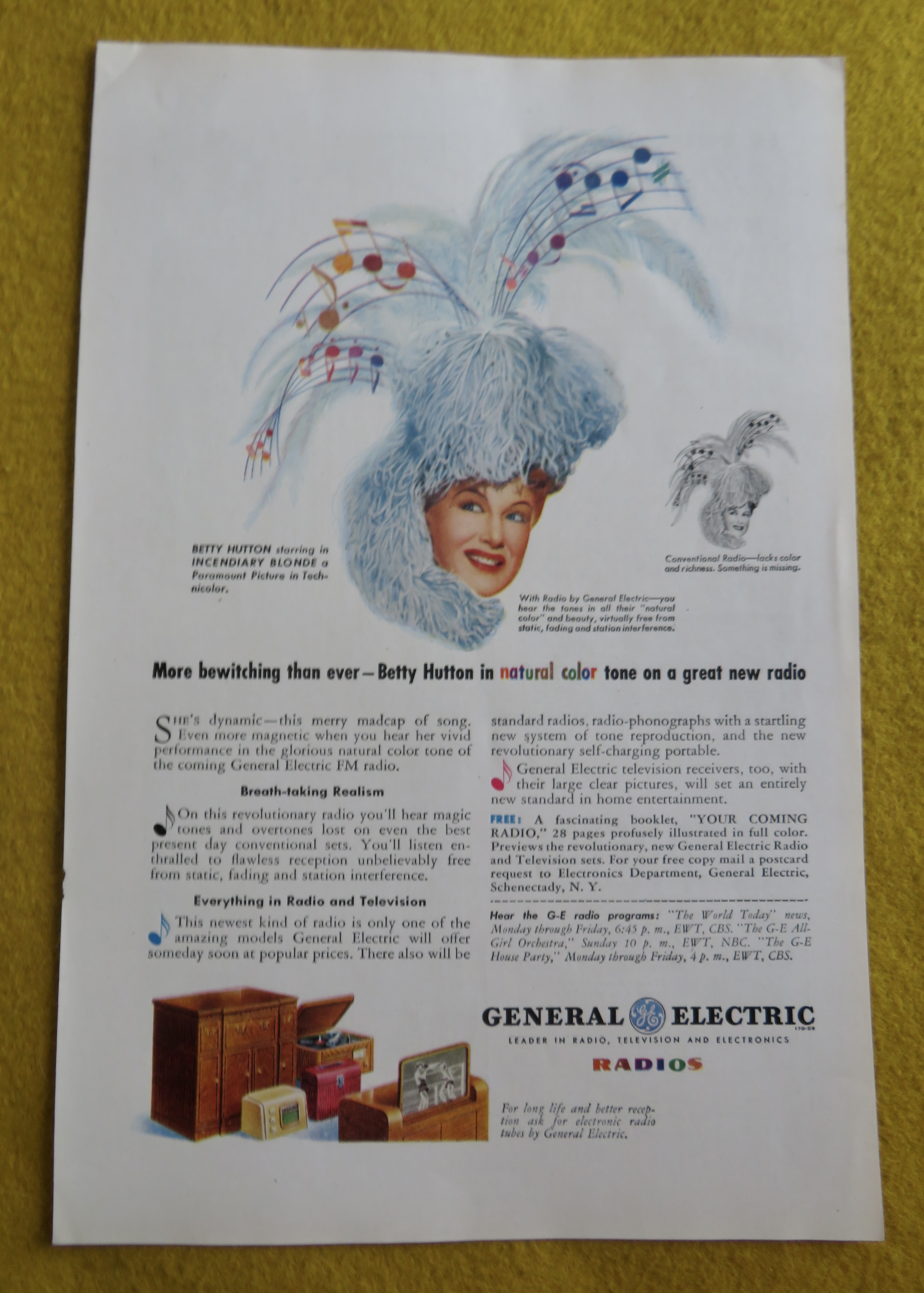 1945 General Electric Radio w/ Movie Star Betty Hutton