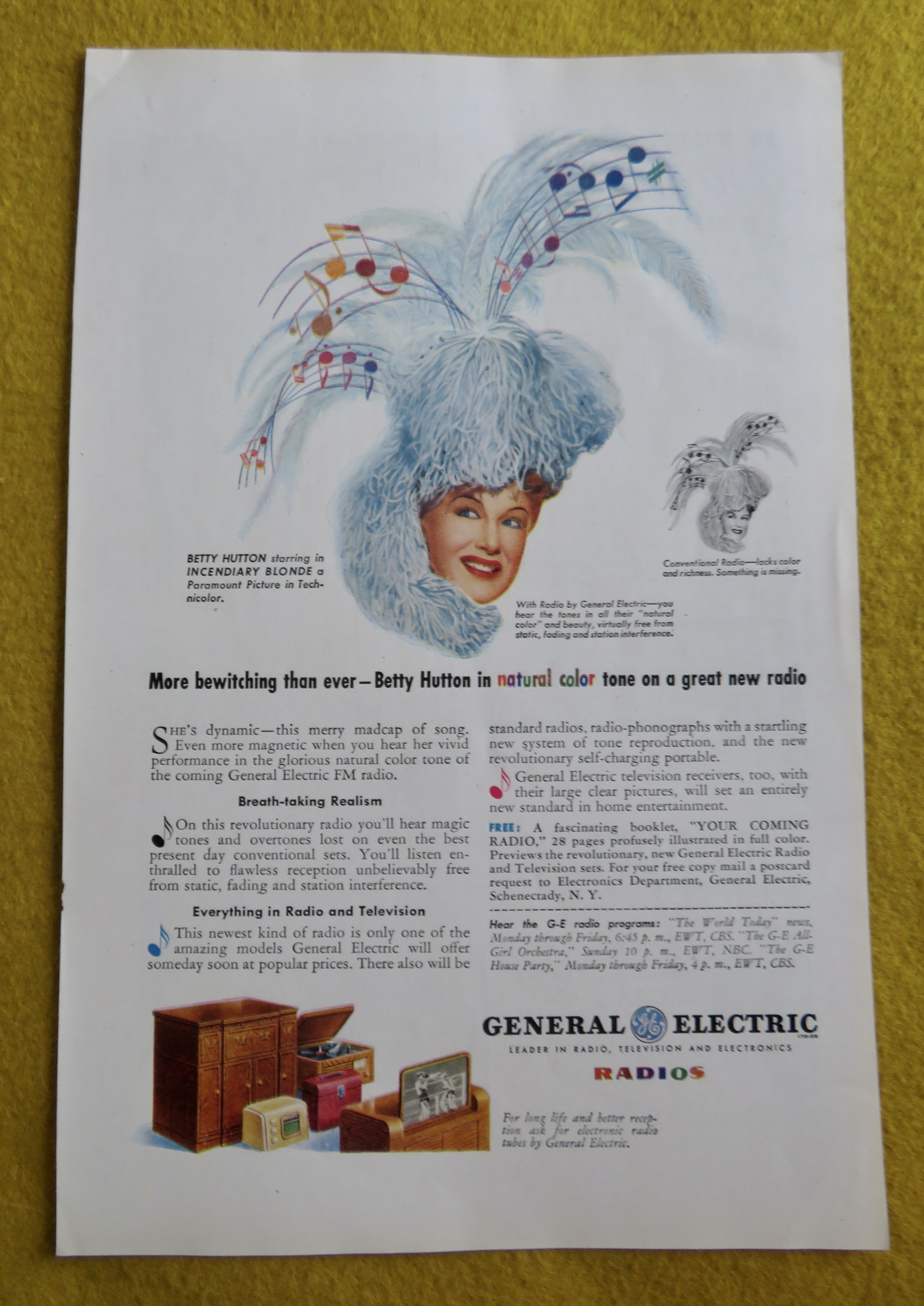 1945 General Electric Radio w/ Movie Star Betty Hutton