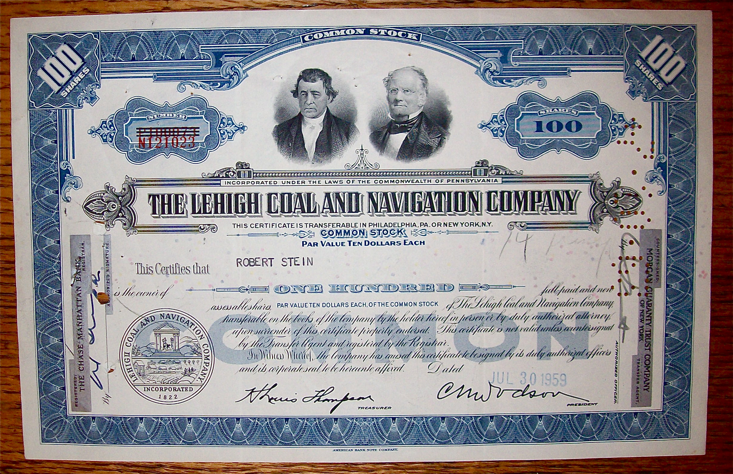 1962 LeHigh Coal & Navigation Company Stock Certificate