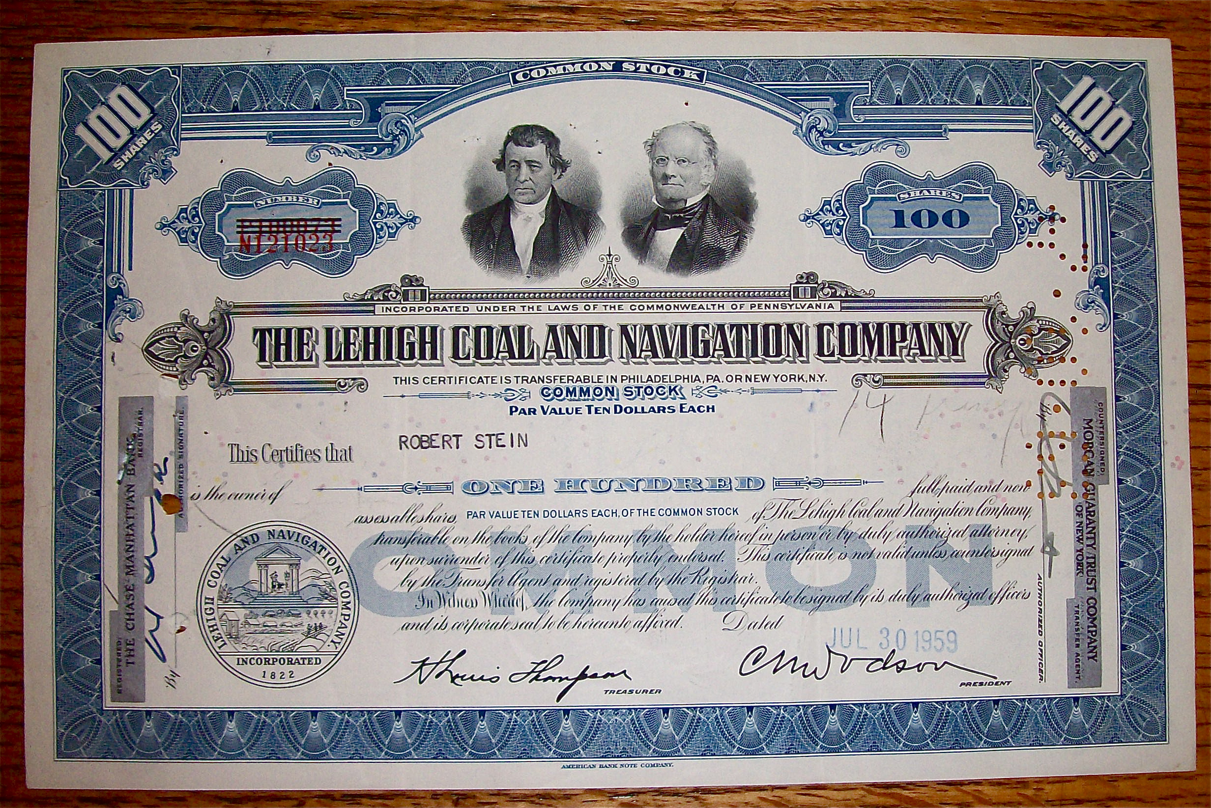 1962 LeHigh Coal & Navigation Company Stock Certificate