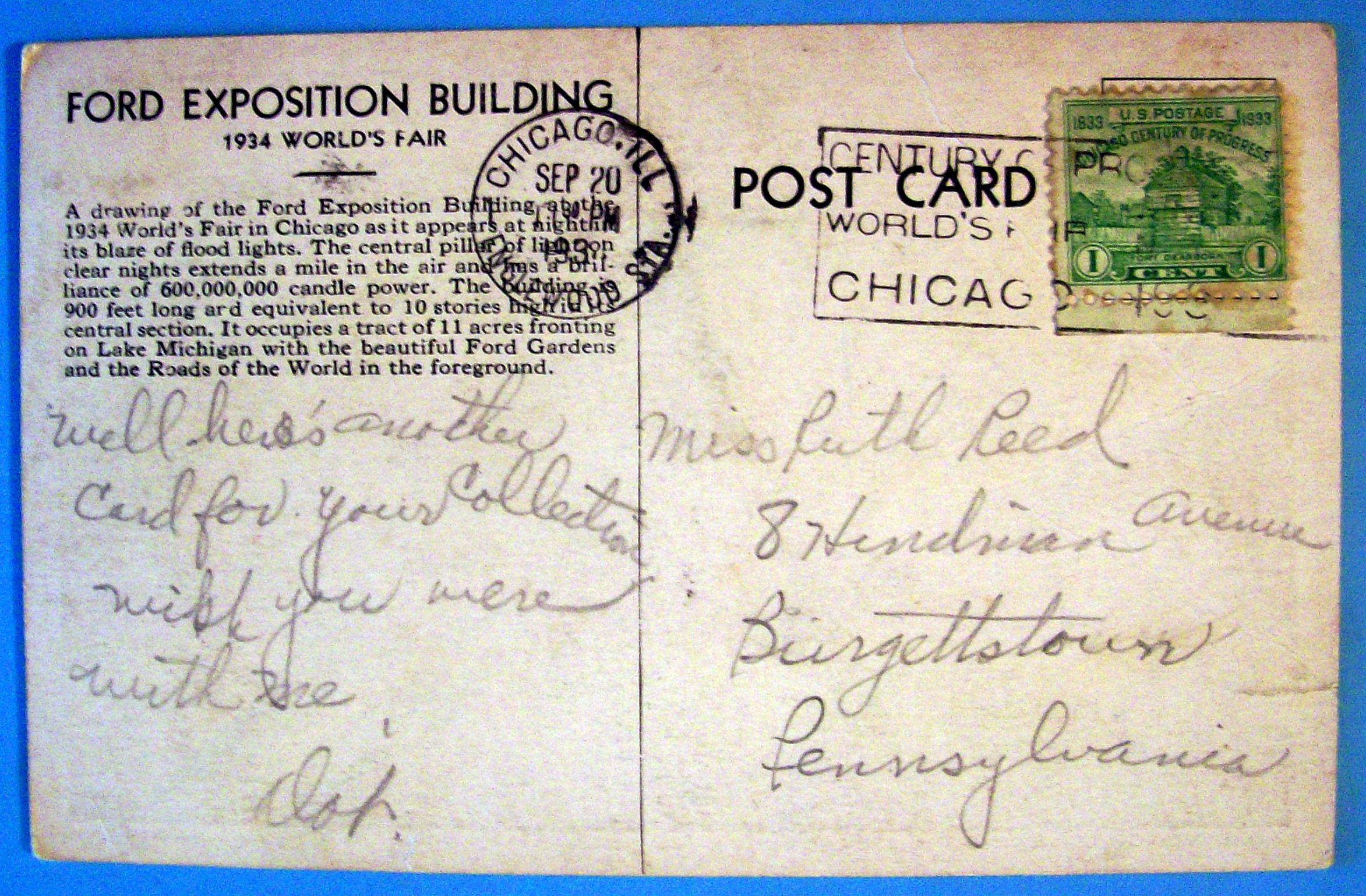 1933 Century of Progress, Ford Motor Co. Postcard