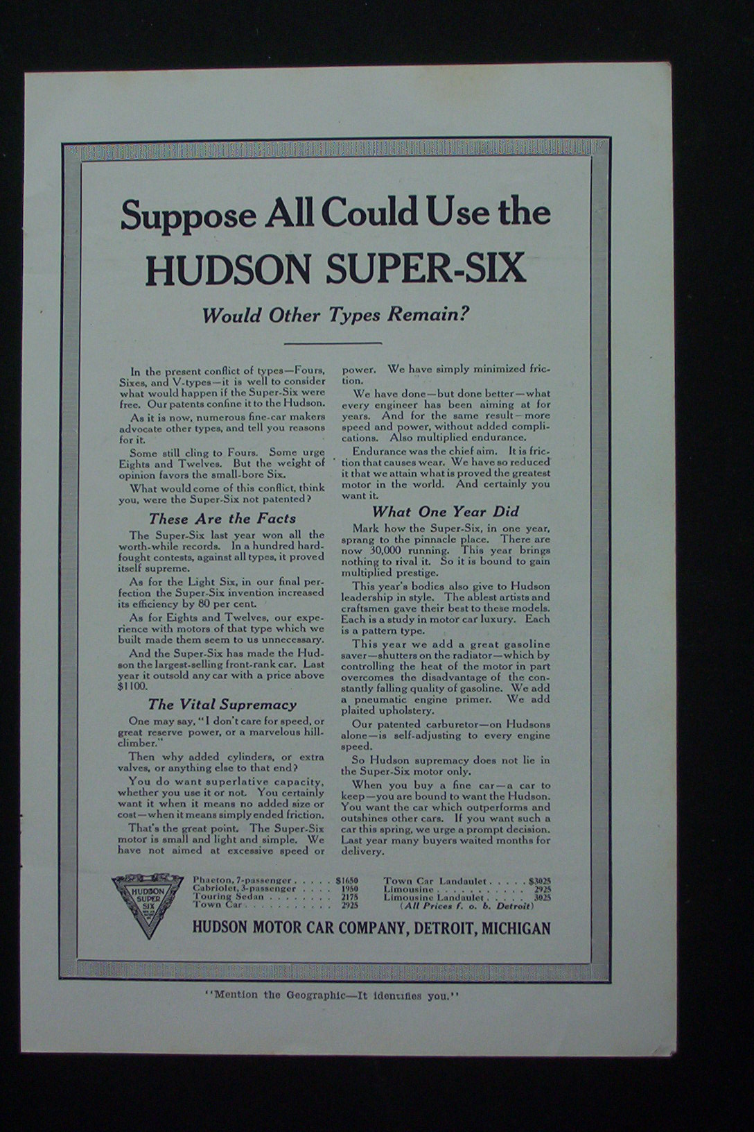 1917 Hudson Motor Car Company with Hudson Super Six