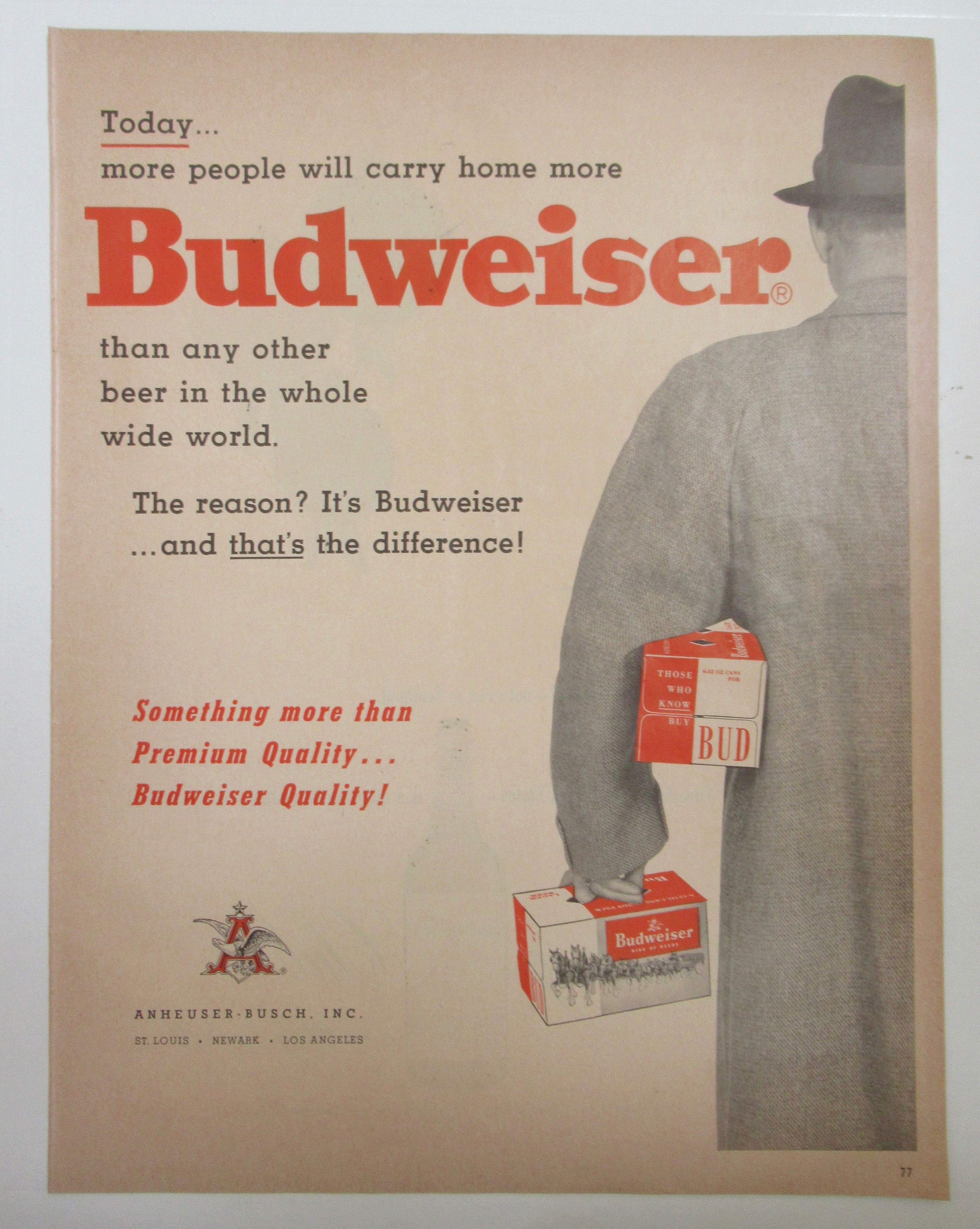 1955 Budweiser Beer with Man Carrying Two Cases Of Beer