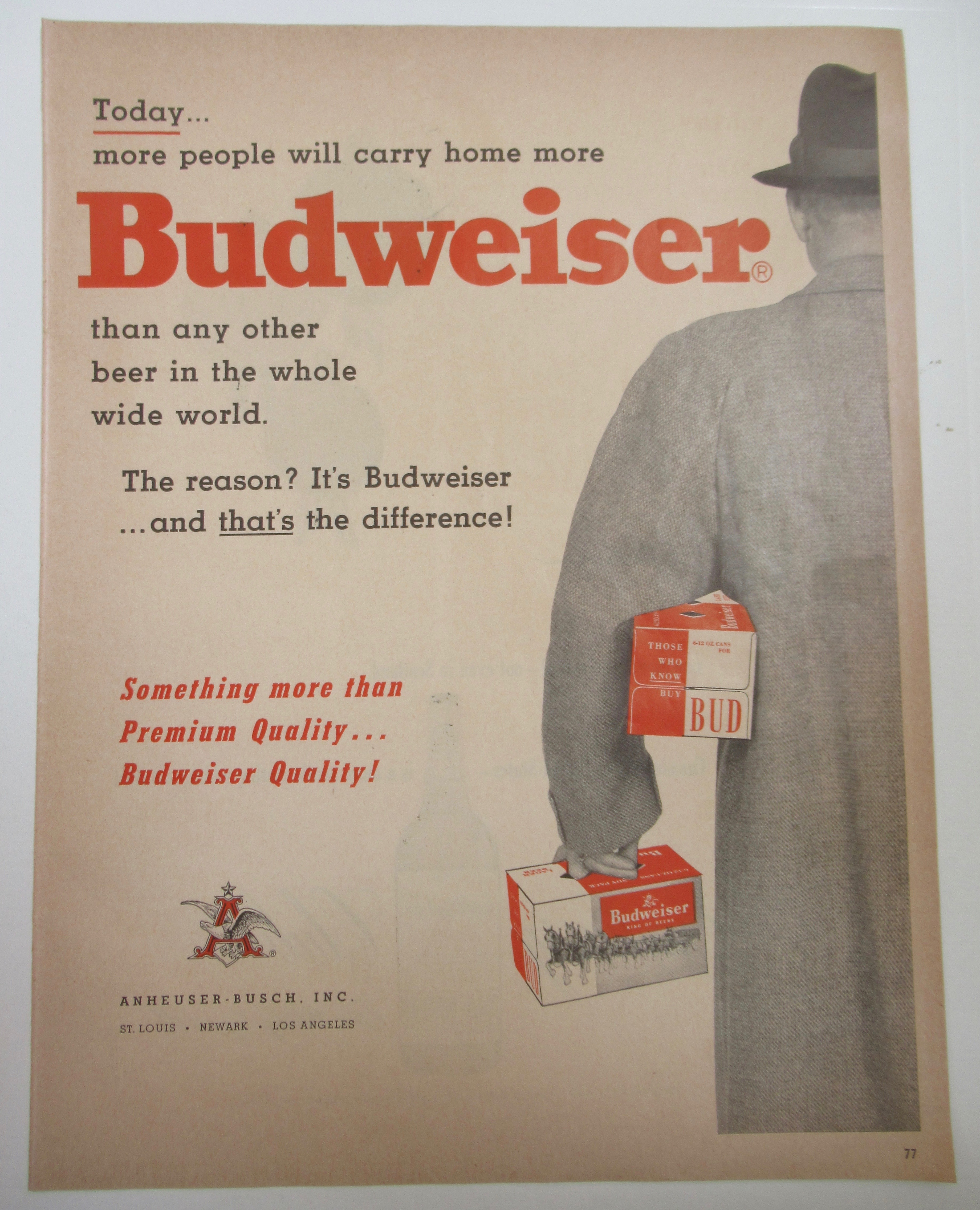 1955 Budweiser Beer with Man Carrying Two Cases Of Beer