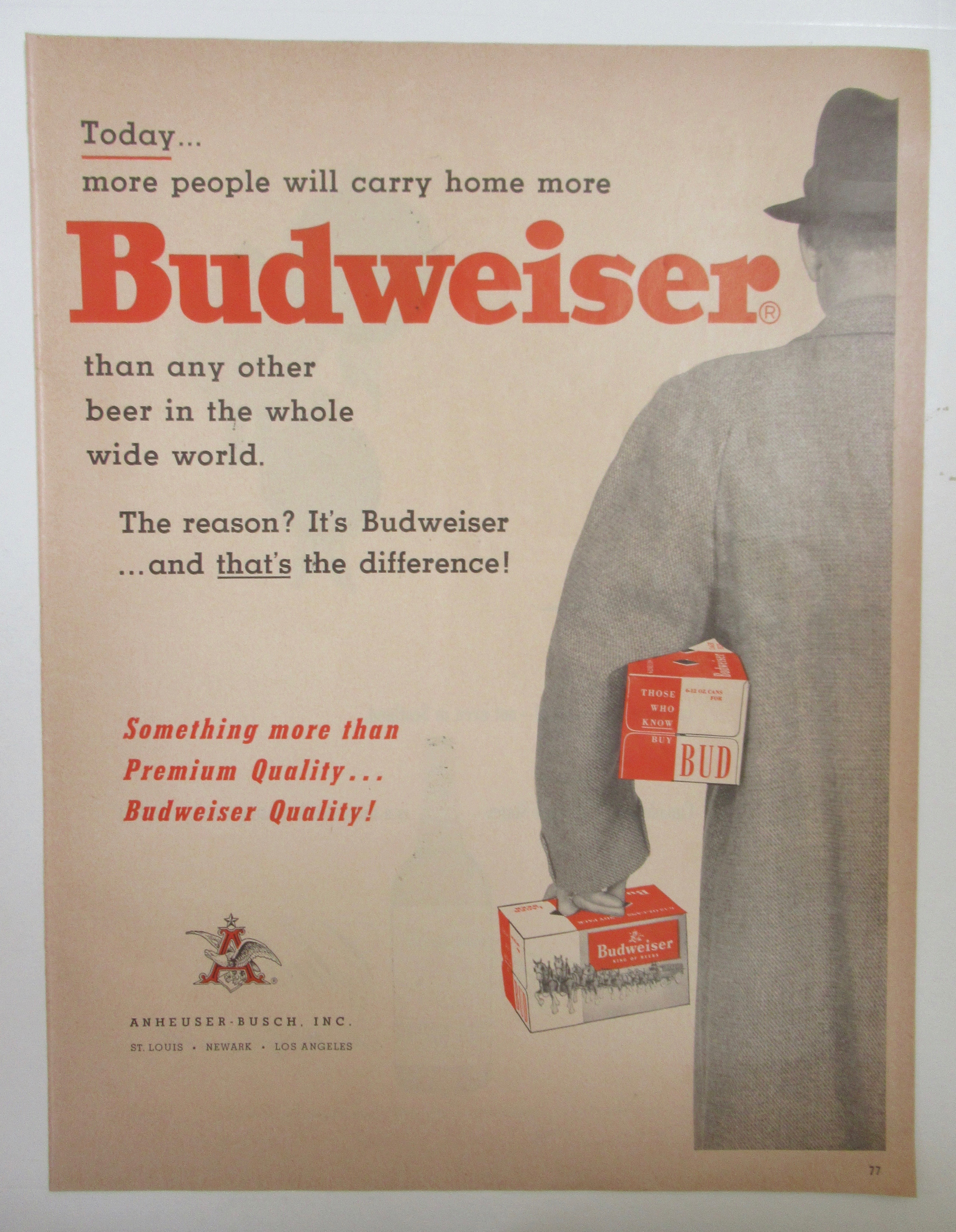 1955 Budweiser Beer with Man Carrying Two Cases Of Beer
