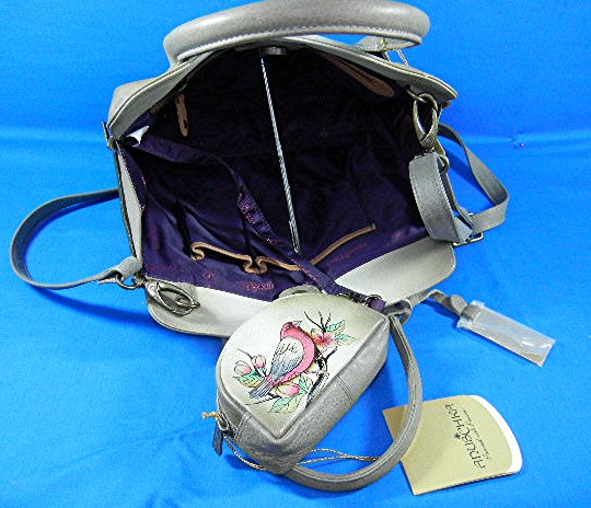 Anuschka Hand Painted Birds Grey Leather Cross Body