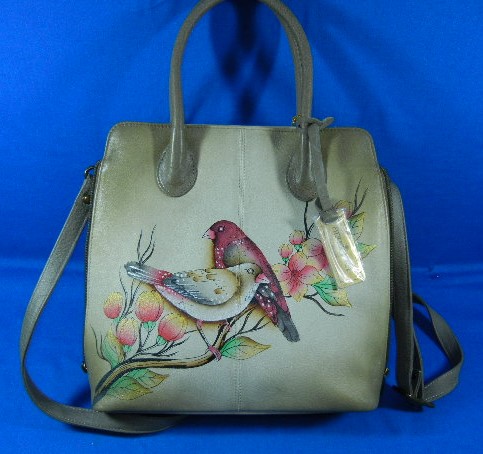 Anuschka Hand Painted Birds Grey Leather Cross Body