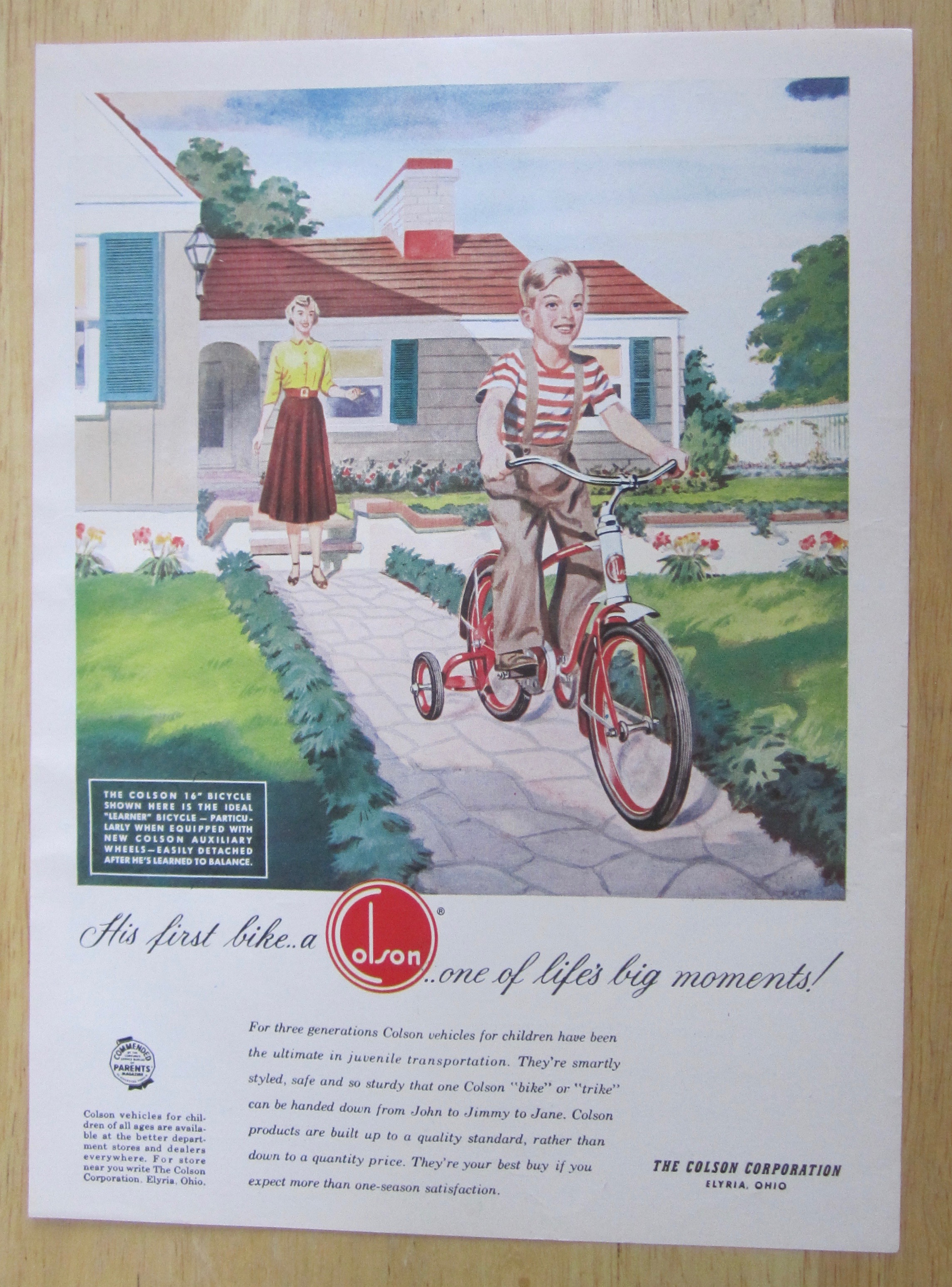 1951 Colson Bikes with Woman Watching Boy Ride Bike
