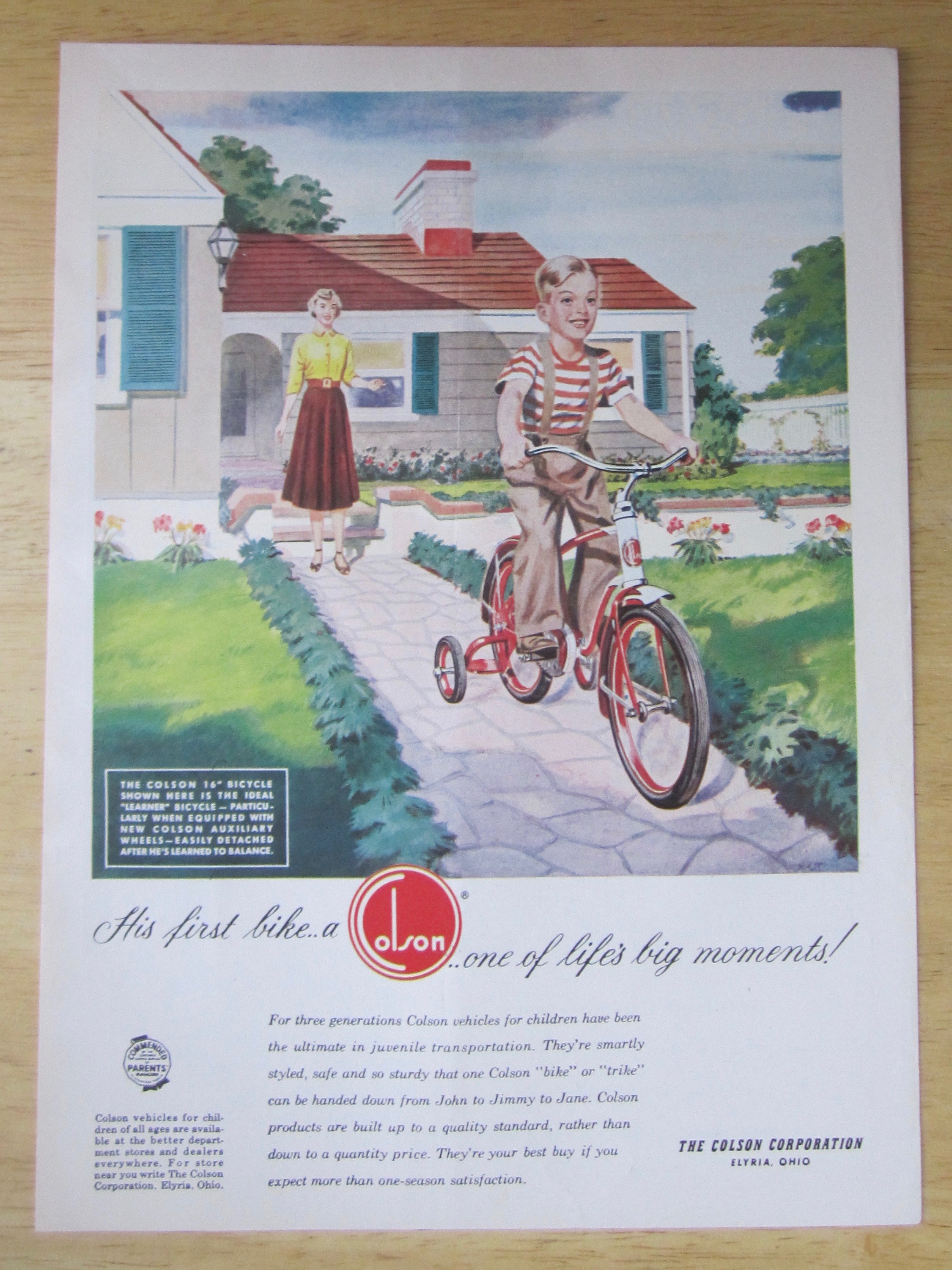 1951 Colson Bikes with Woman Watching Boy Ride Bike