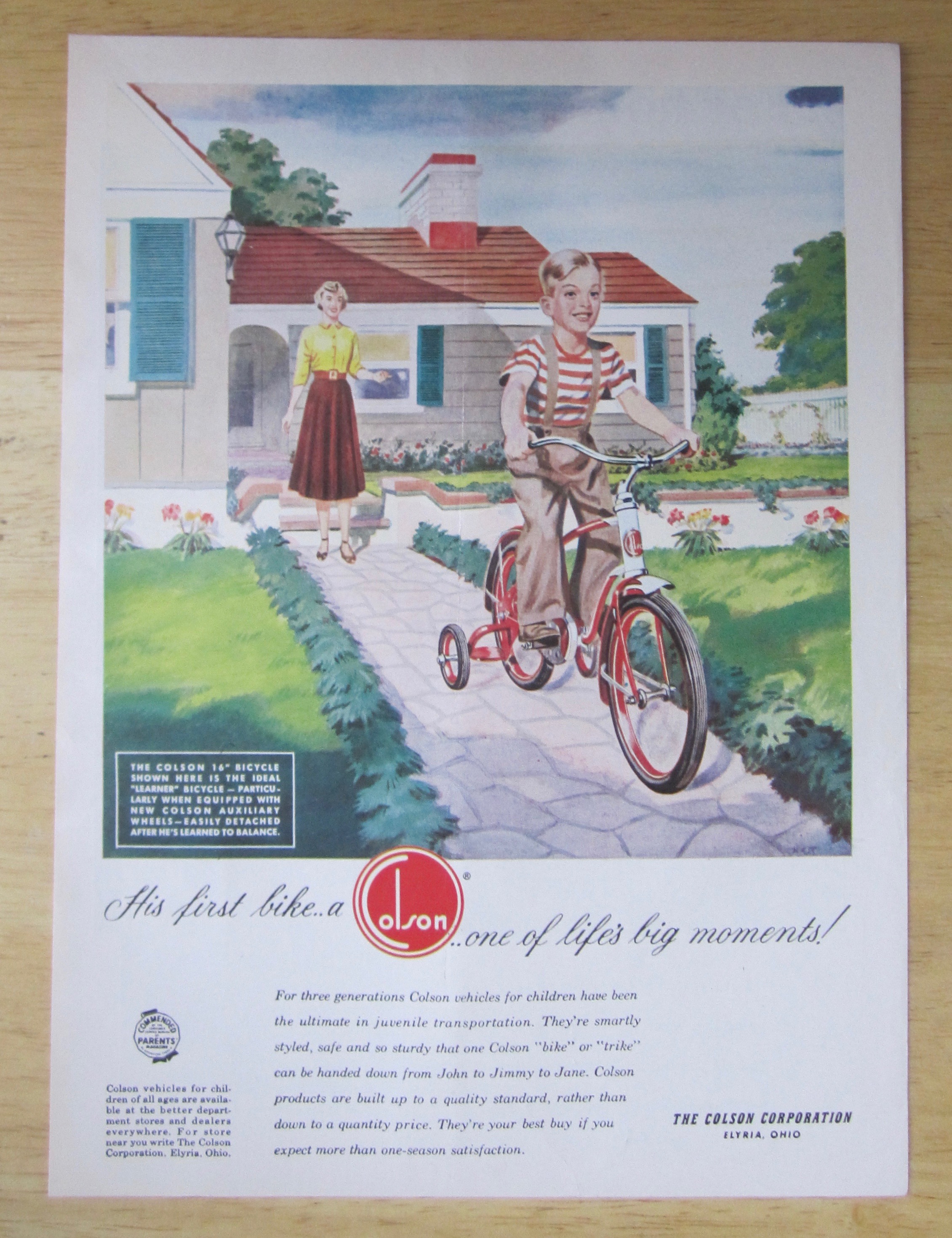 1951 Colson Bikes with Woman Watching Boy Ride Bike