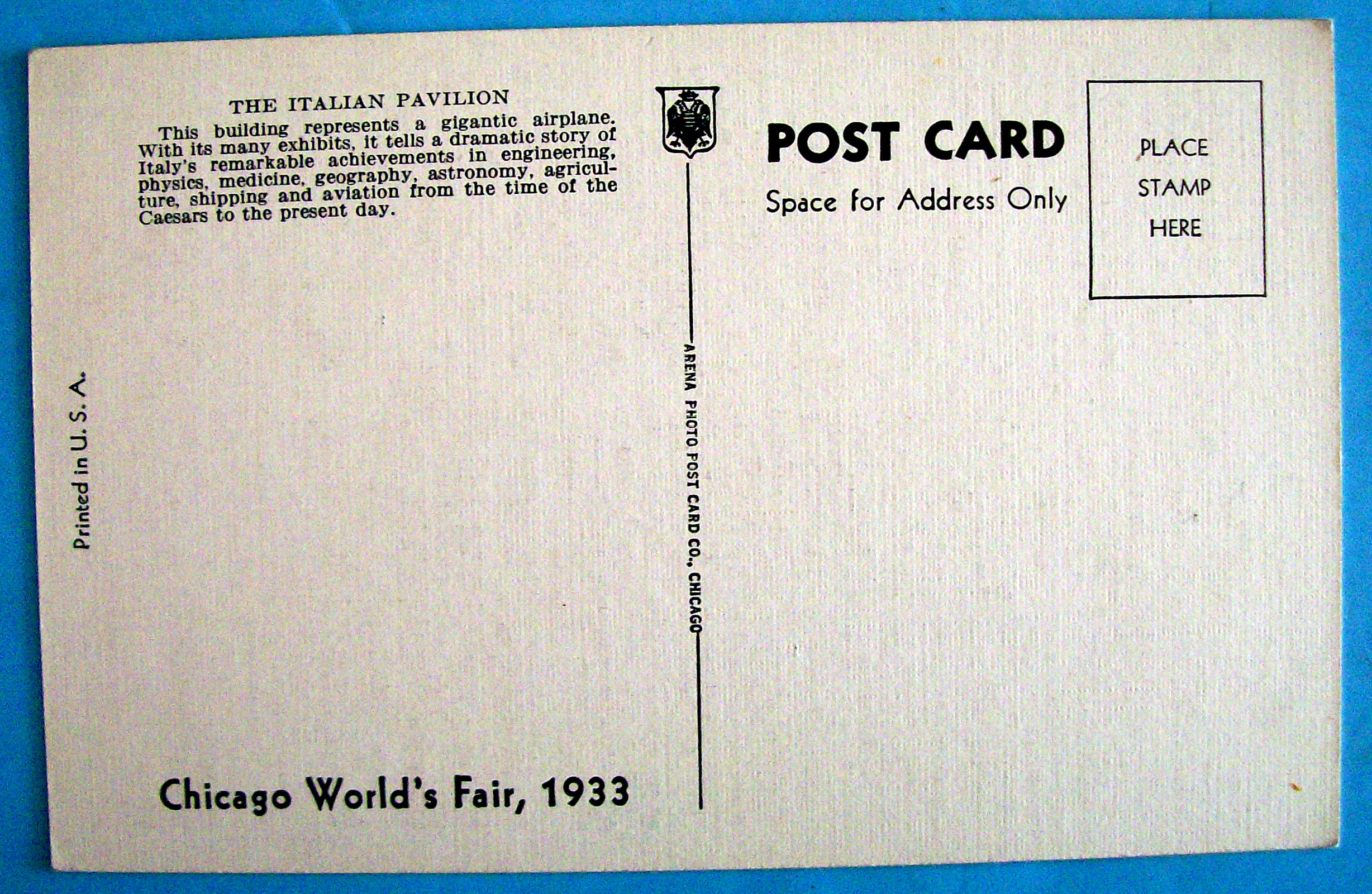 1933 Century of Progress, Italian Pavilion Postcard