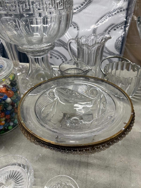 Vintage Art Deco Clear Glass Pedestal Bowl with Brass Filigree Rim