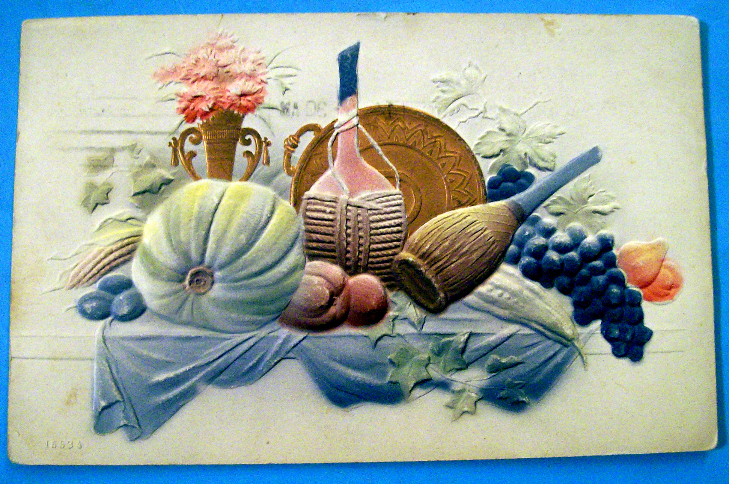 Best Wishes Postcard w/2 Wine Bottles & Pumpkin