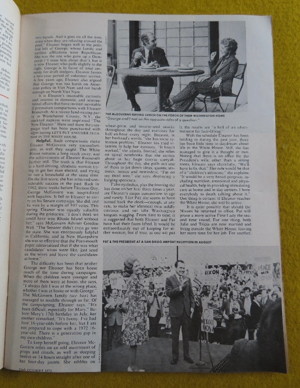 Time Magazine October 9, 1972 The Other Campaigners: Pat Nixon and Eleanor McGovern