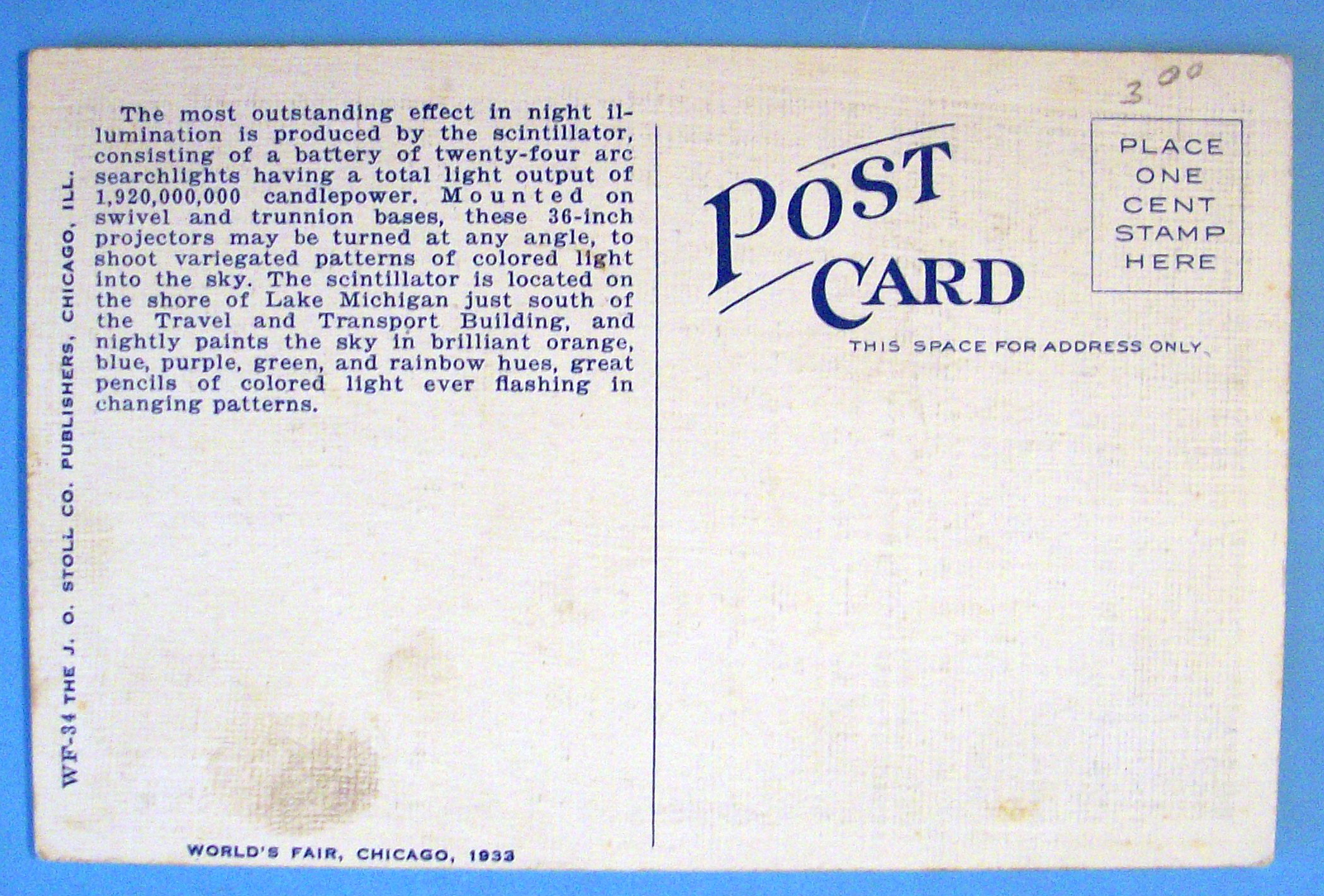 1933 Century of Progress, Scintillator Beams Postcard
