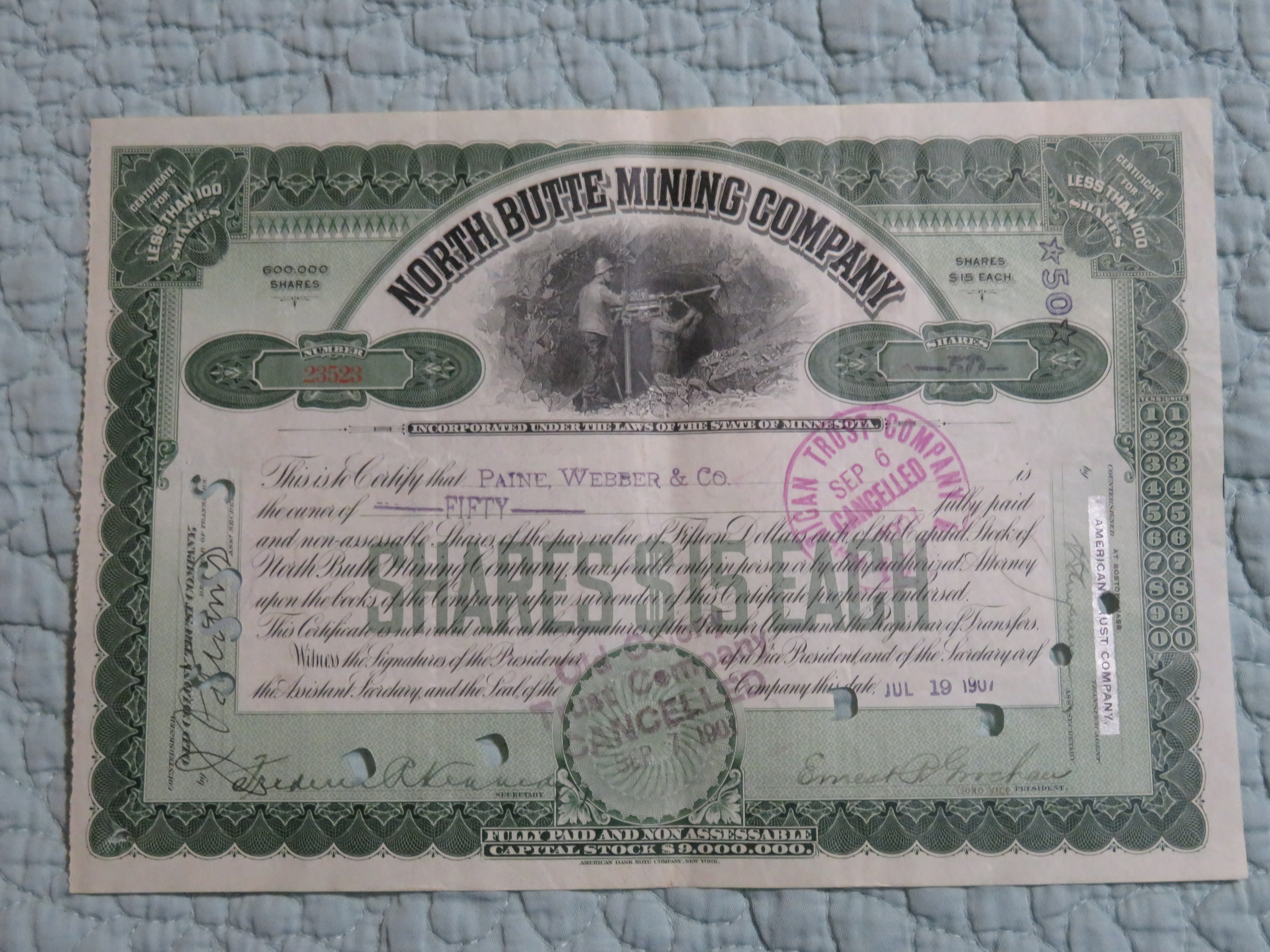 1907 North Butte Mining Company Stock Certificate