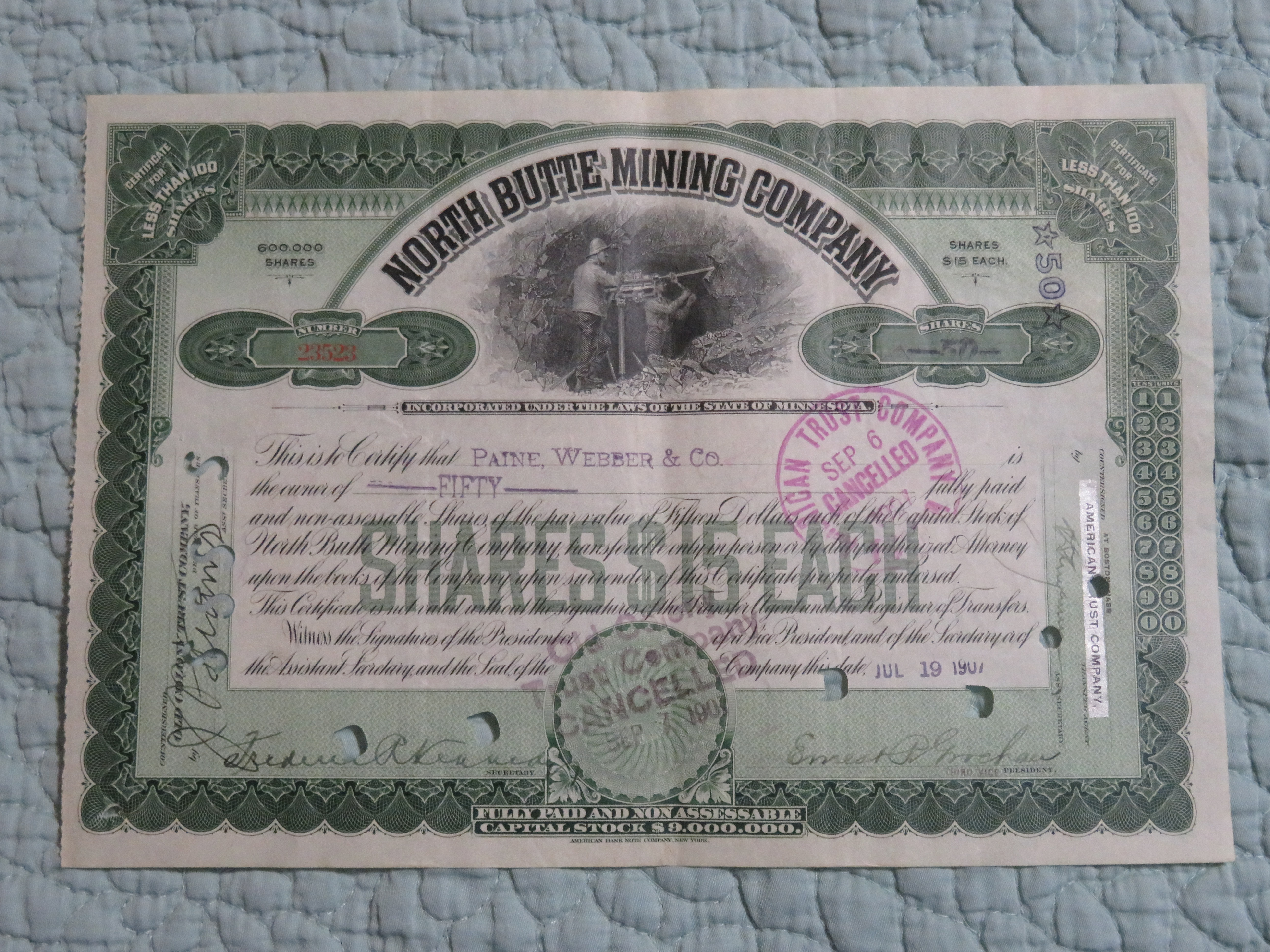 1907 North Butte Mining Company Stock Certificate