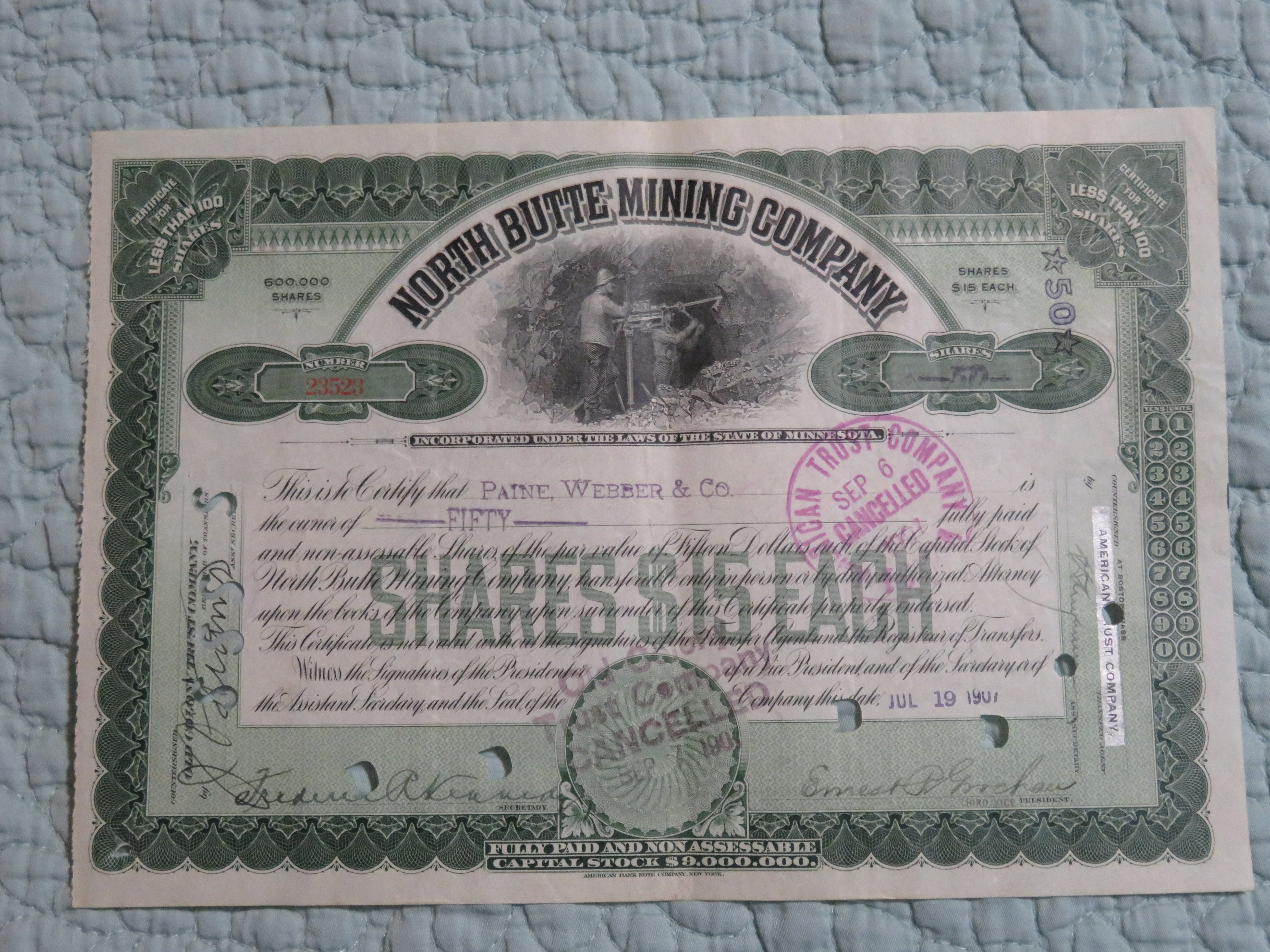 1907 North Butte Mining Company Stock Certificate