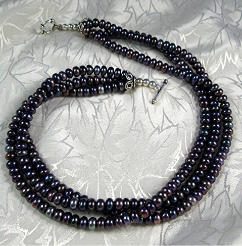 Pearls 3 Row Blue Grey 6.5mm, Sterling Silver clasp