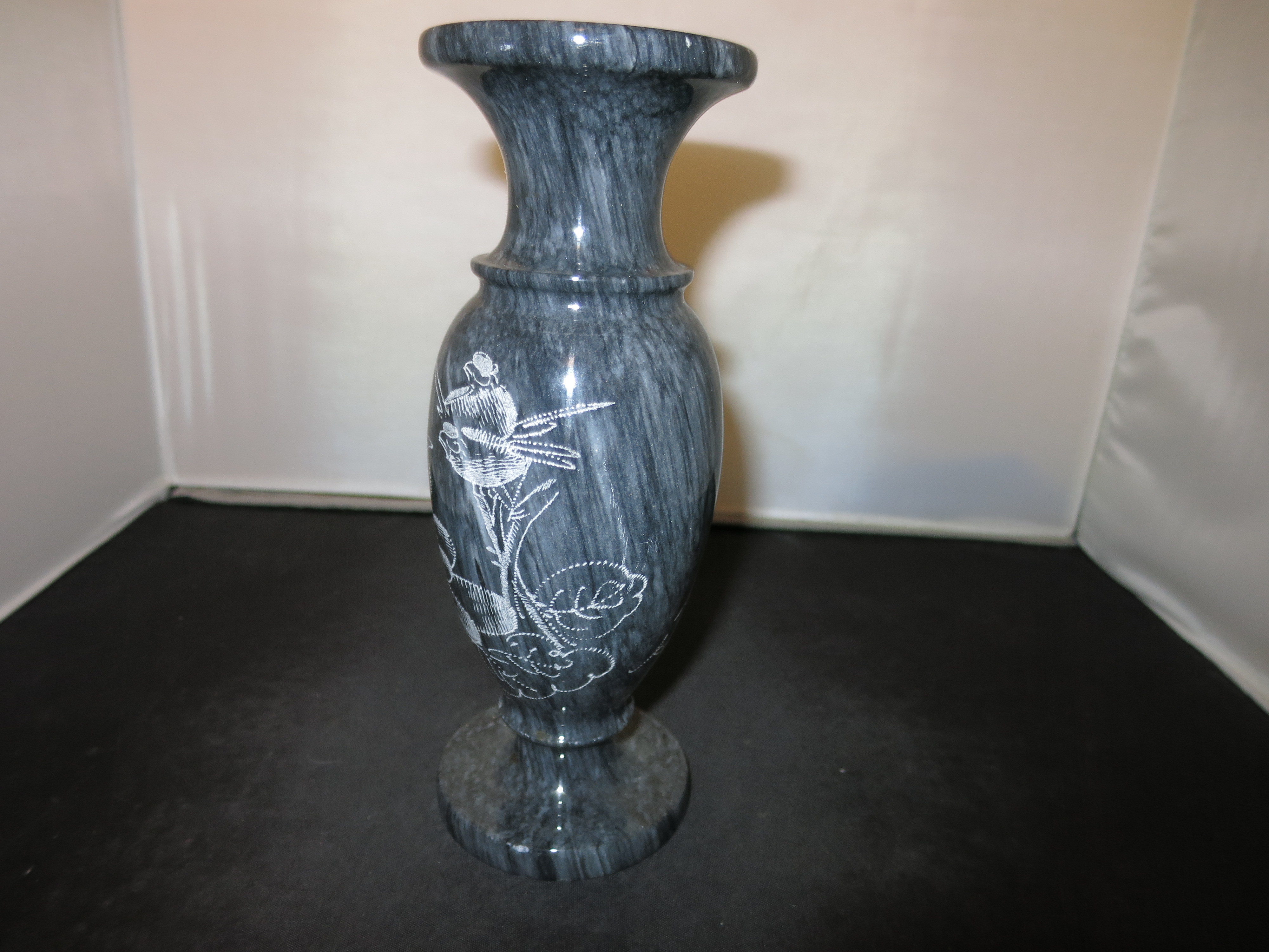 Marble Vase Art Carved Scrimshaw Birds and Floral Hawaii Souvenir