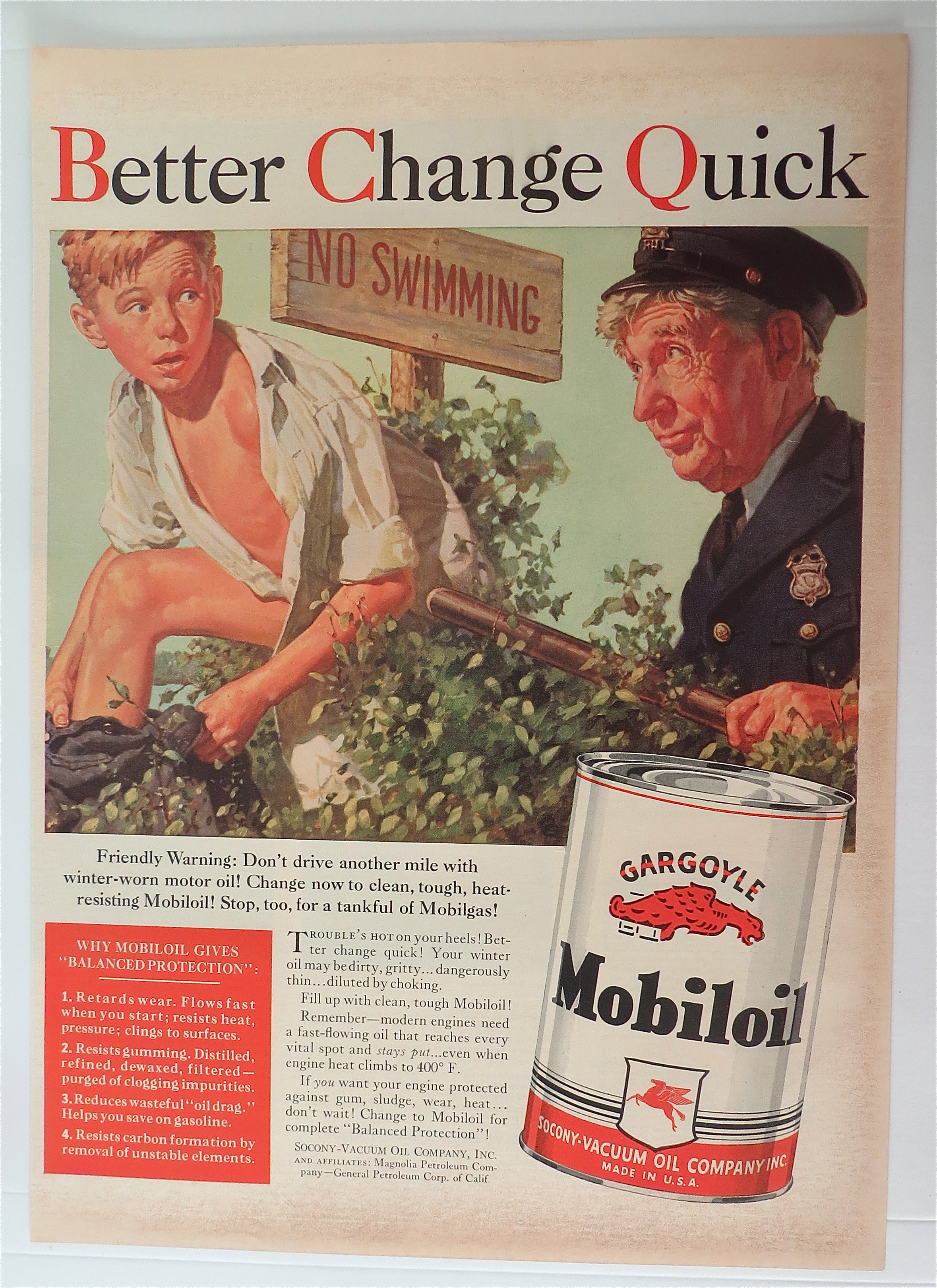 1940 Gargoyle Mobil Oil /No Swimming By Norman Rockwell