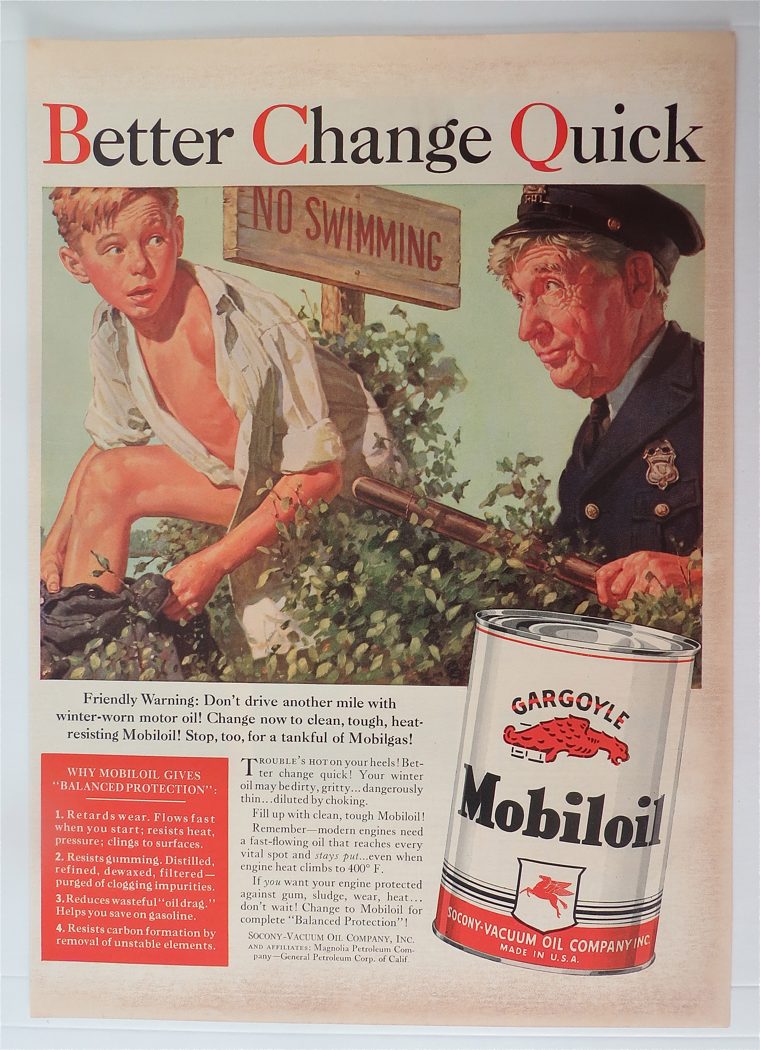 1940 Gargoyle Mobil Oil /No Swimming By Norman Rockwell
