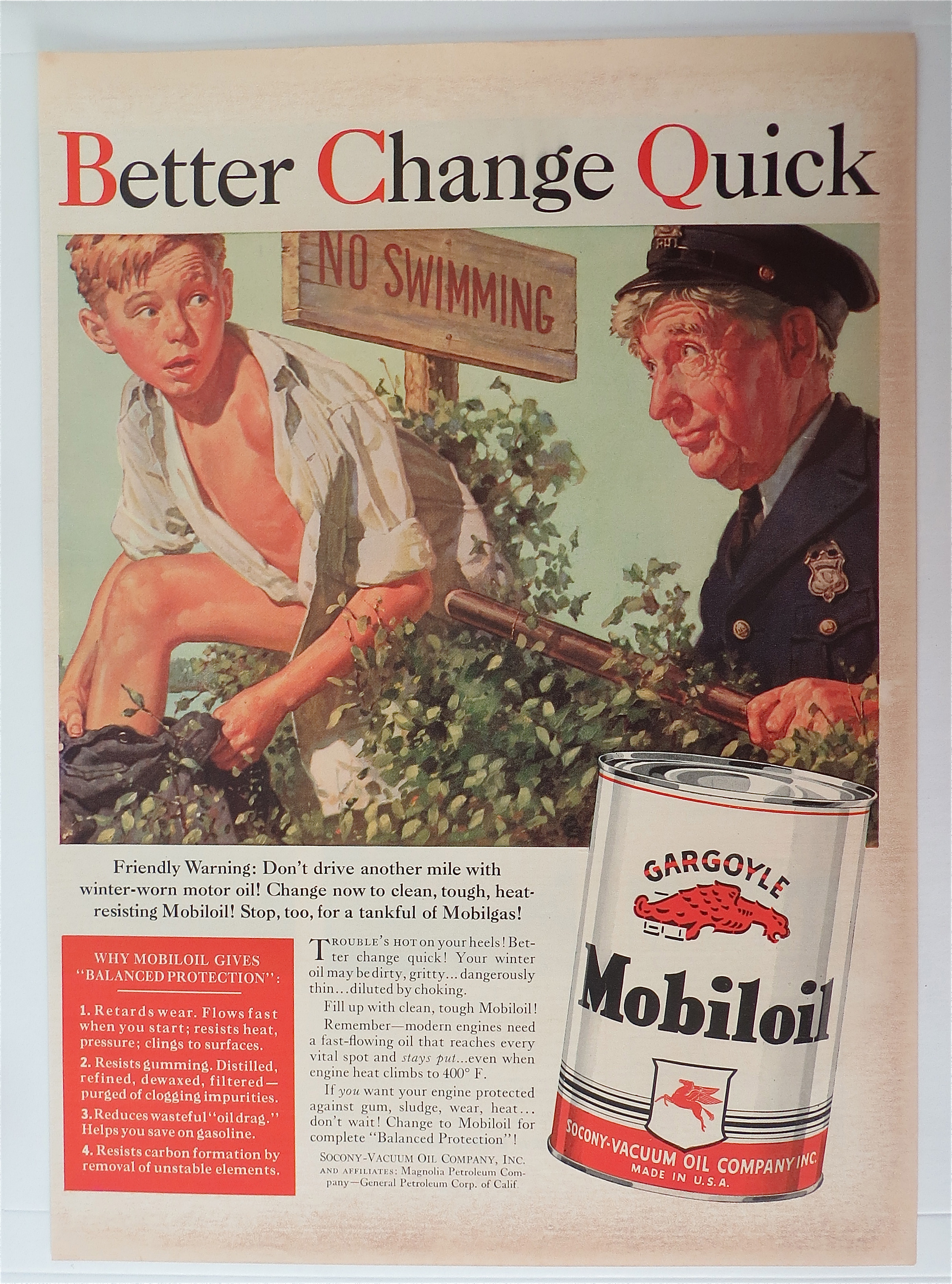 1940 Gargoyle Mobil Oil /No Swimming By Norman Rockwell