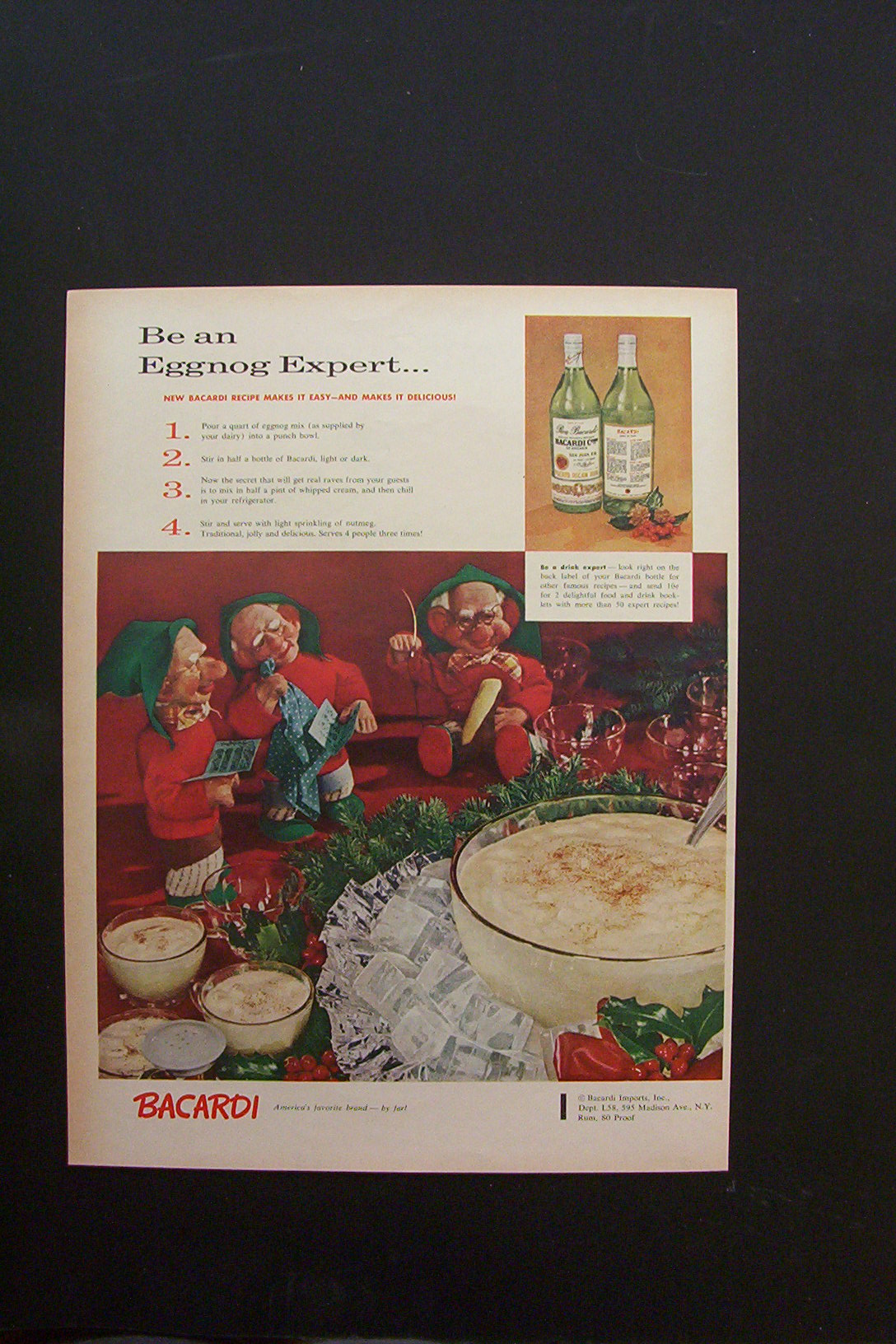 1958 Bacardi Rum with 3 Elves By a Punch Bowl