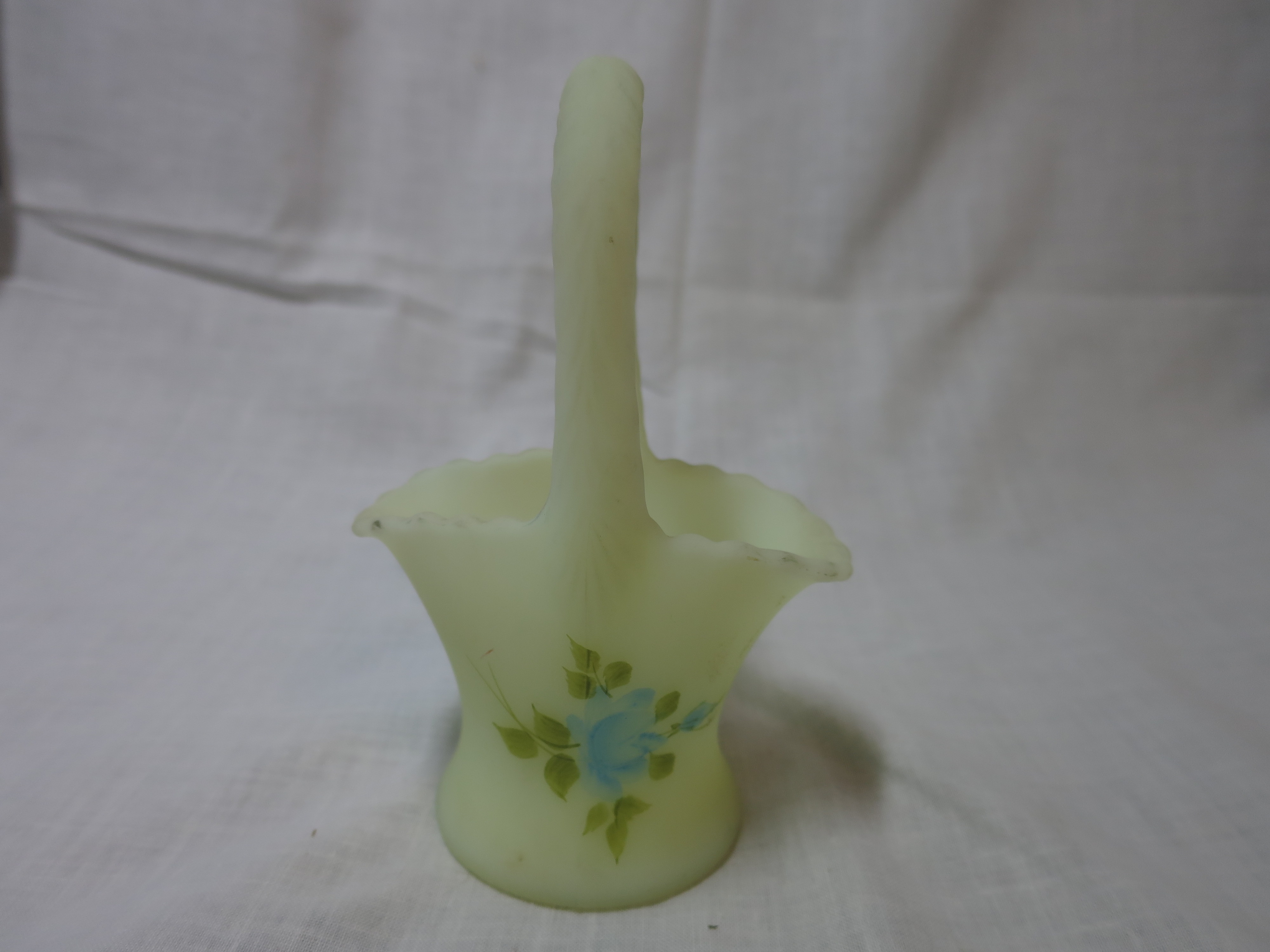 Fenton Art Glass Green Satin Custard Basket signed Freida