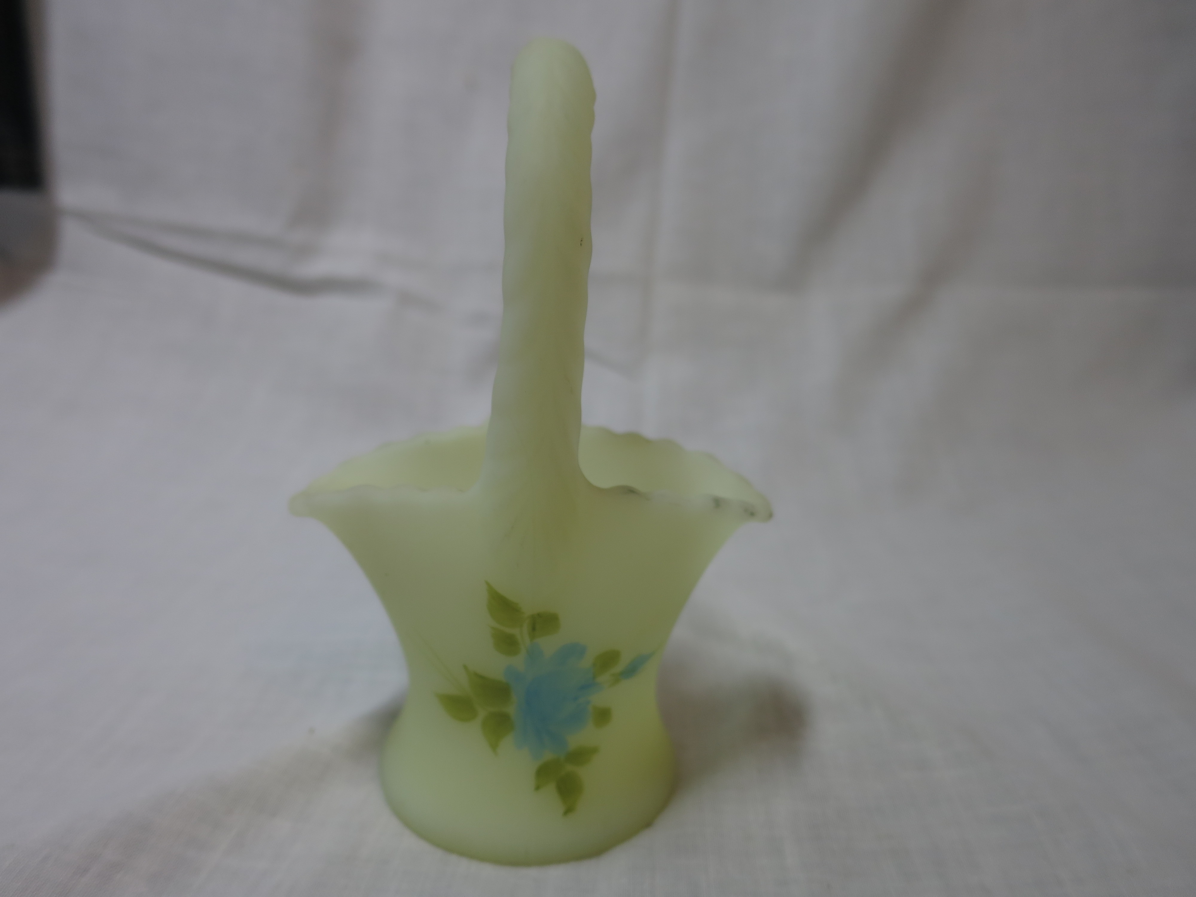 Fenton Art Glass Green Satin Custard Basket signed Freida