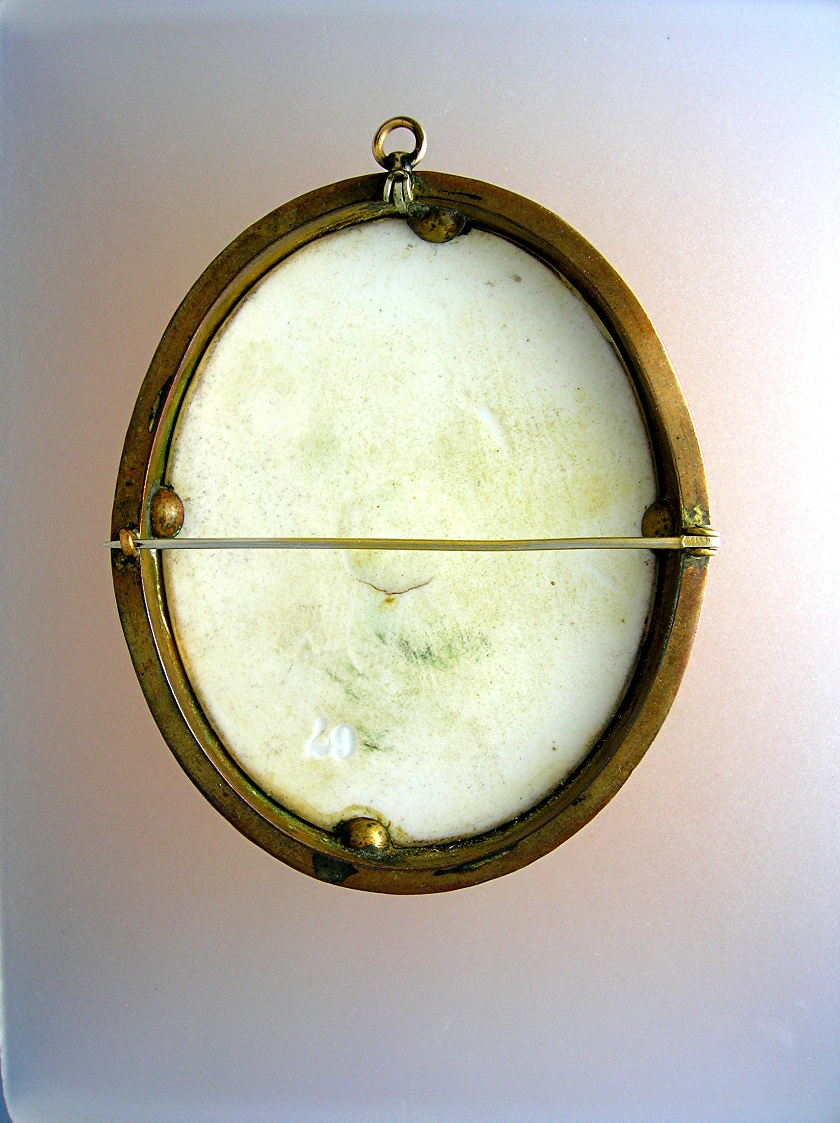 Brooch Cameo  Porcelain Pinchbeck Gold Signed 3 inch