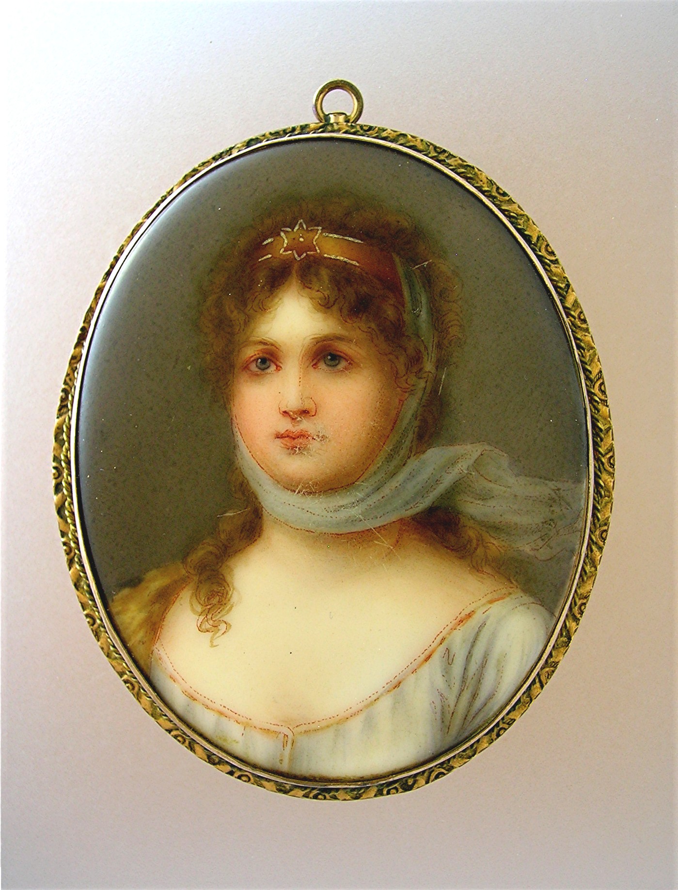Brooch Cameo  Porcelain Pinchbeck Gold Signed 3 inch