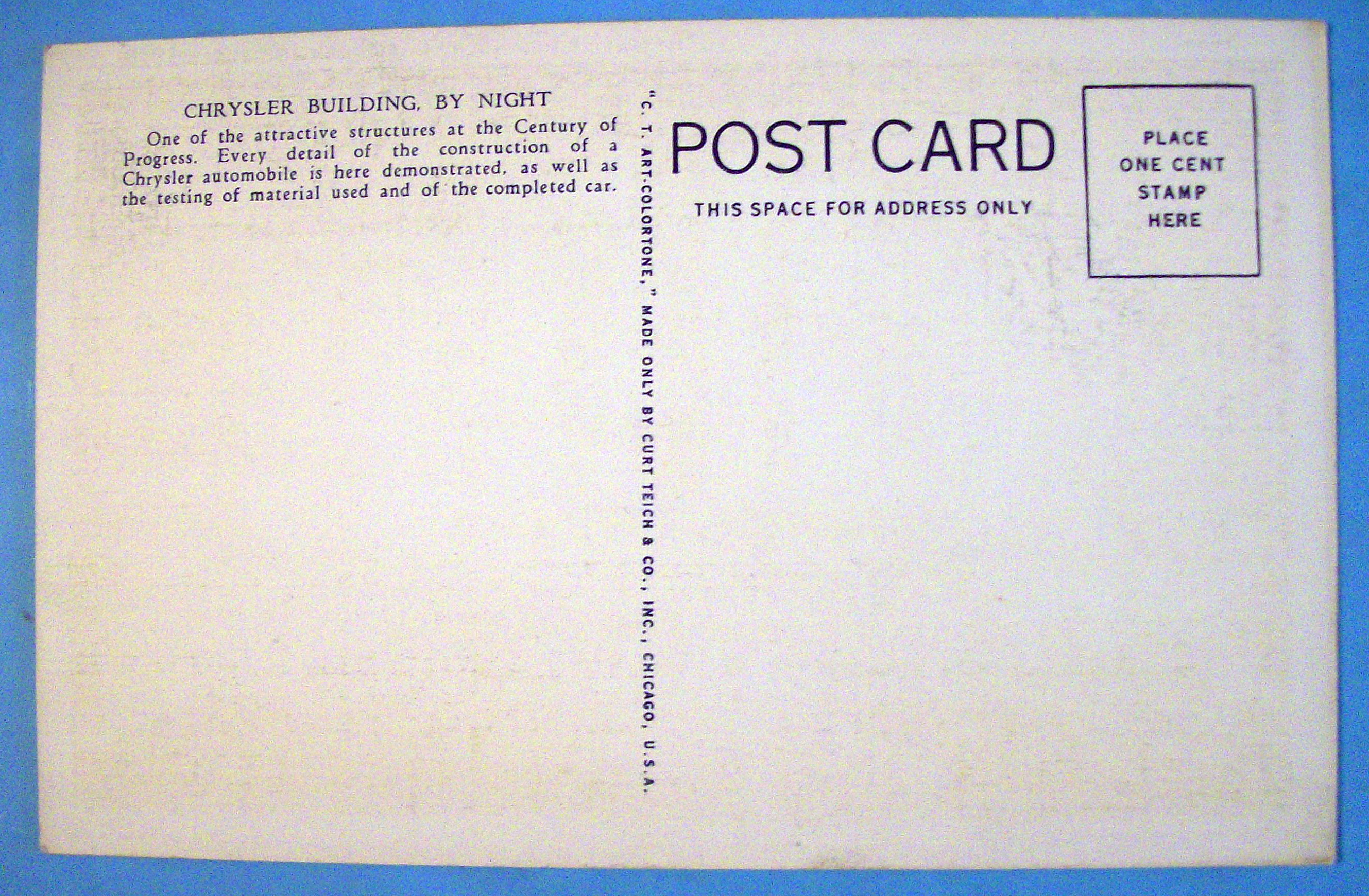 1933 Century of Progress, Chrysler Building Postcard