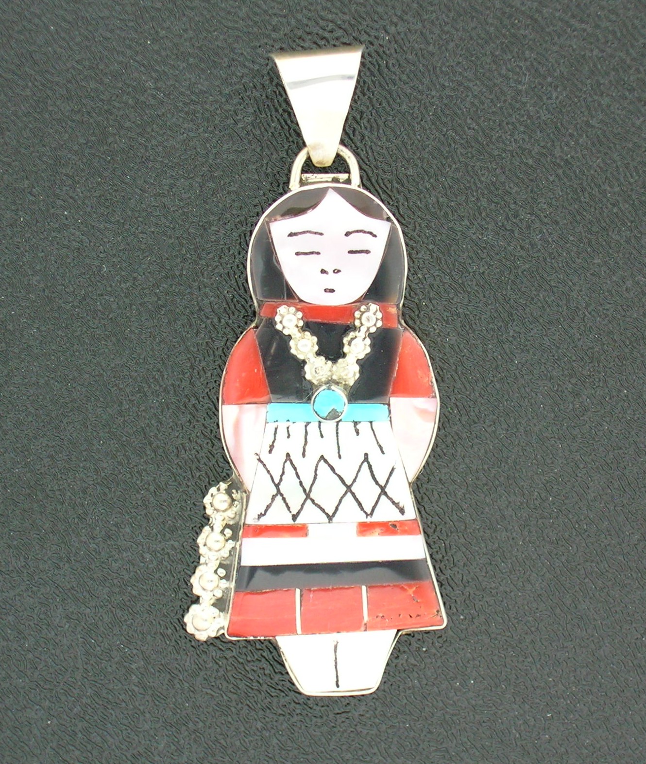 Sterling Silver Zuni Coral Mother Pearl Turquoise Penda