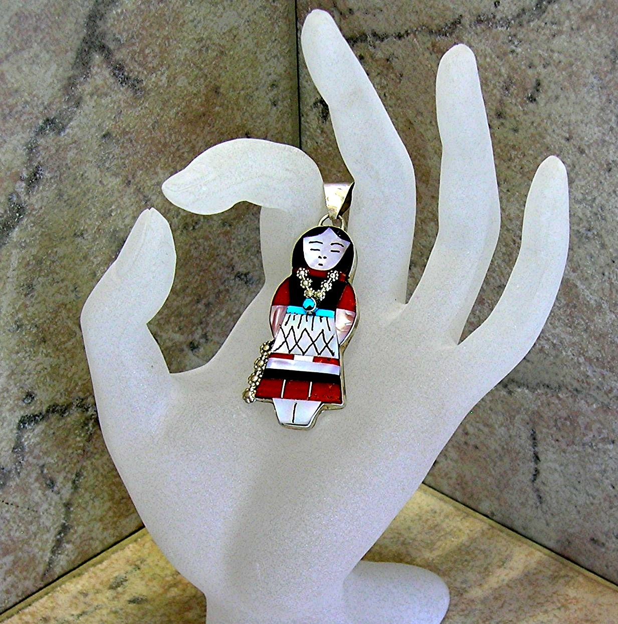 Sterling Silver Zuni Coral Mother Pearl Turquoise Penda