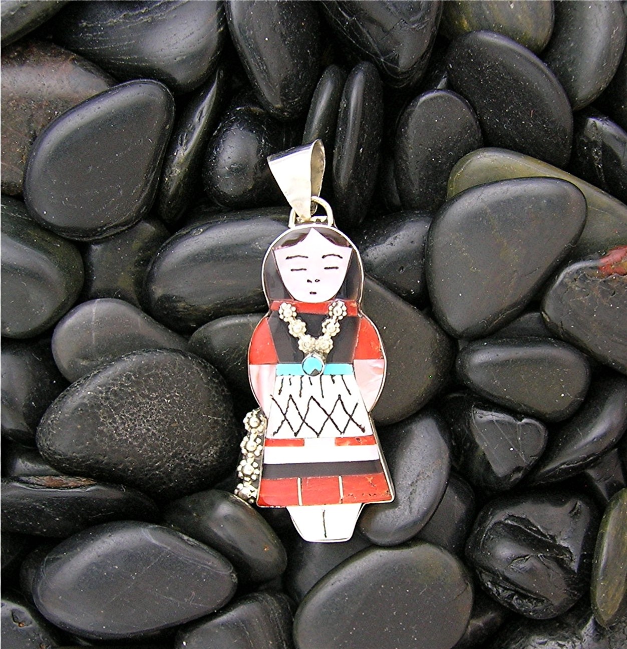 Sterling Silver Zuni Coral Mother Pearl Turquoise Penda