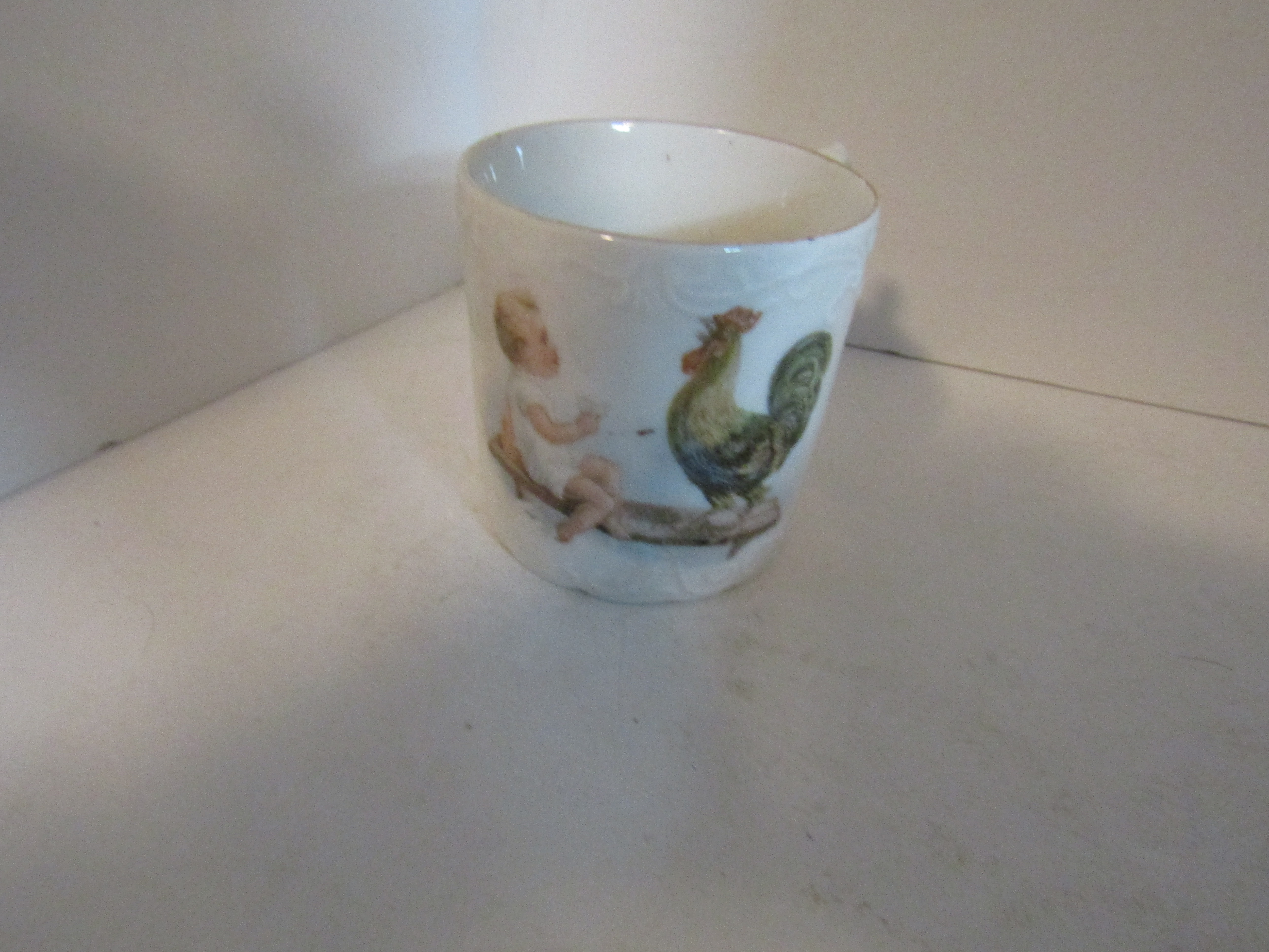 Antique Childrens Mug Rooster With Child On Bench