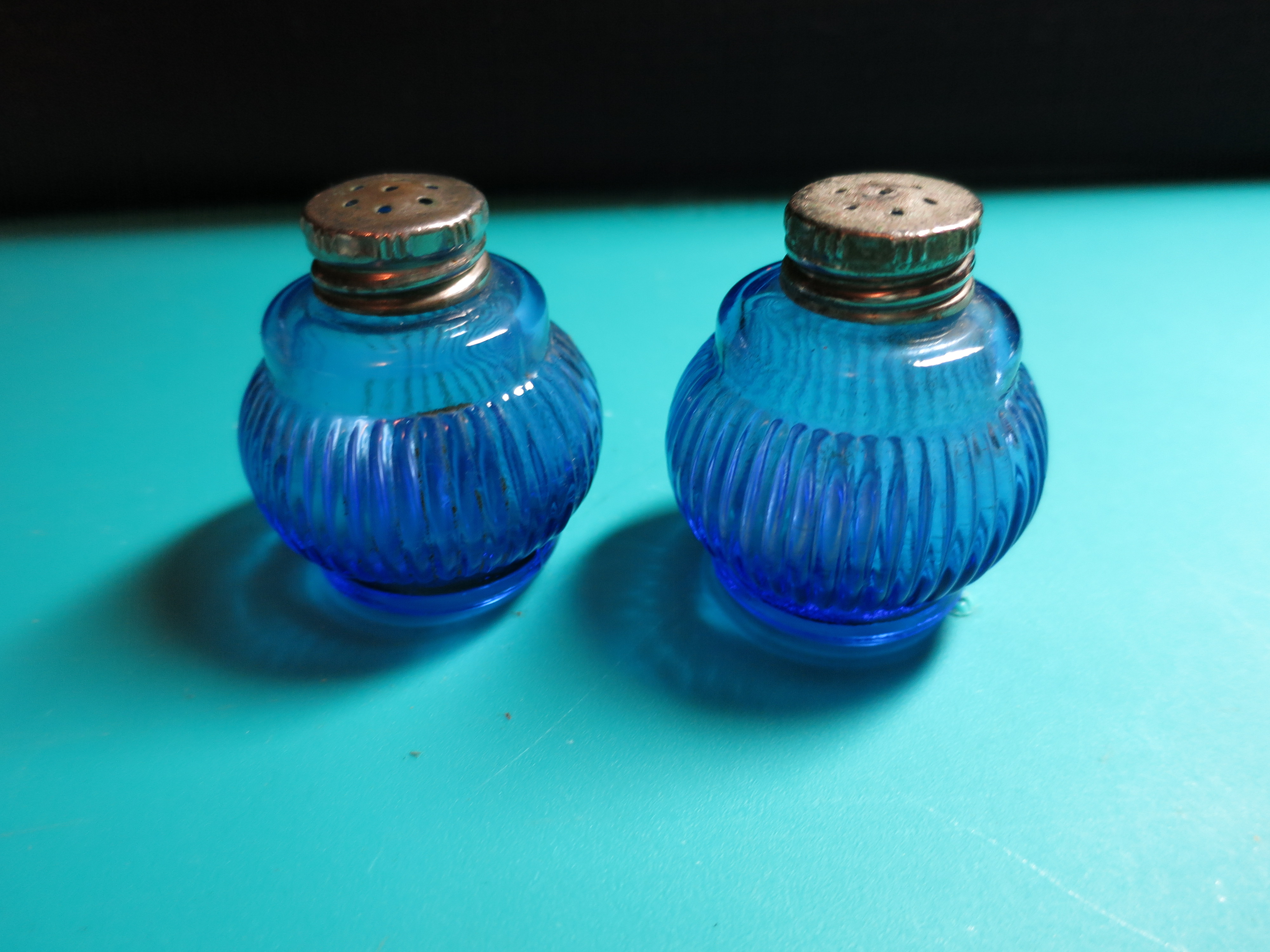 Vintage Cobalt Blue Salt and Pepper shakers ribbed