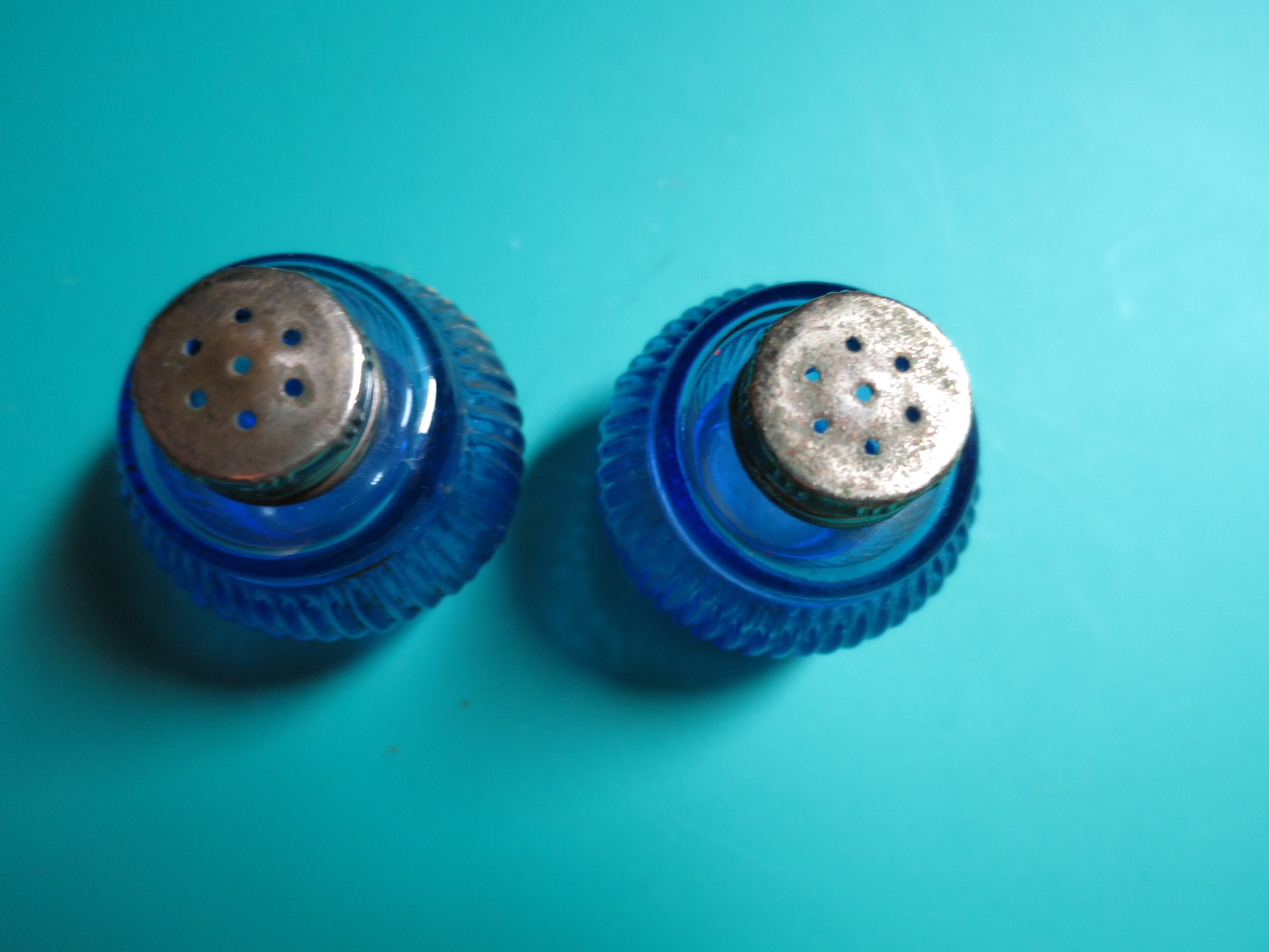 Vintage Cobalt Blue Salt and Pepper shakers ribbed