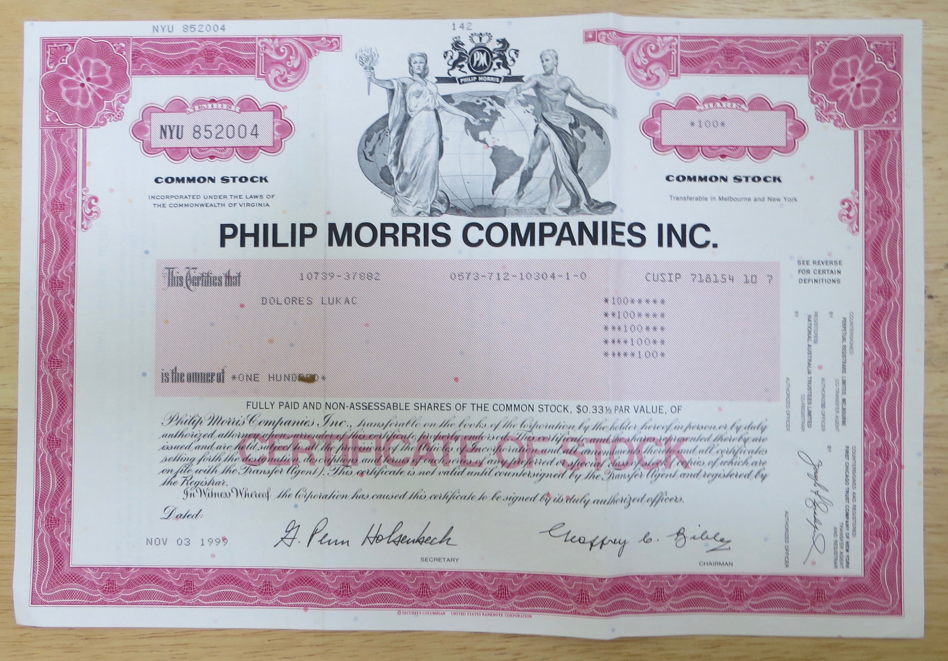 1999 Philip Morris Companies Inc Stock Certificate