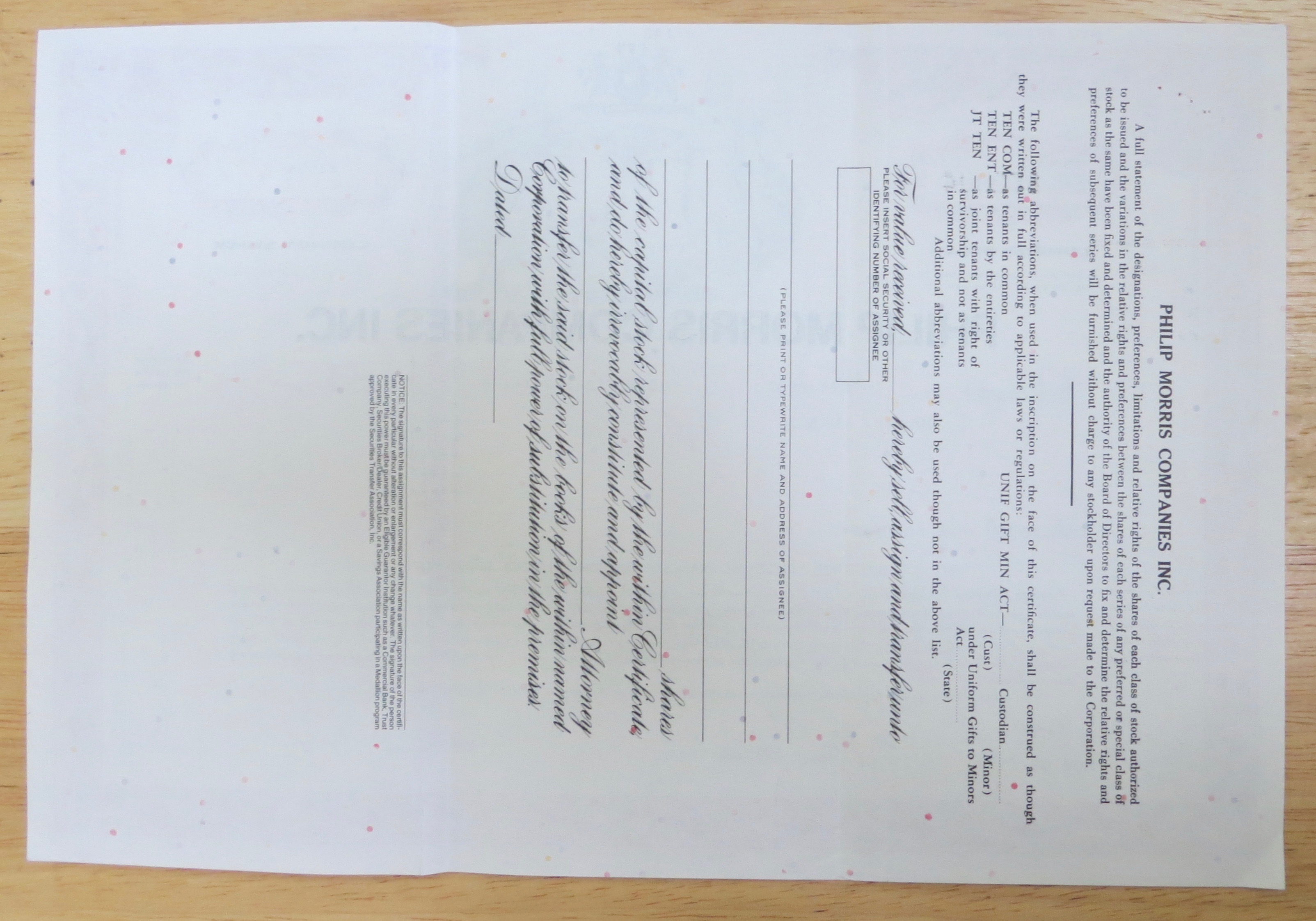 1999 Philip Morris Companies Inc Stock Certificate