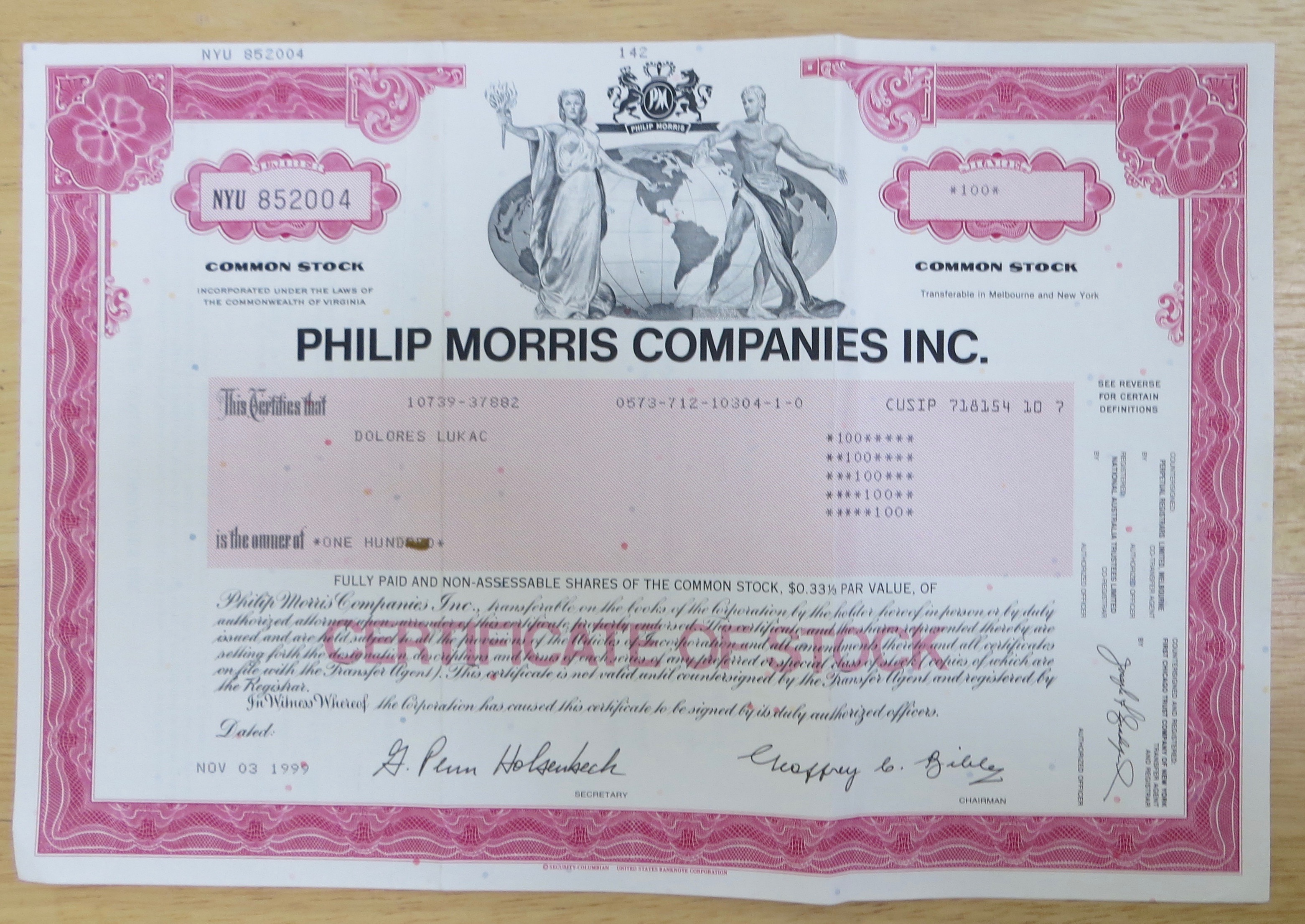 1999 Philip Morris Companies Inc Stock Certificate