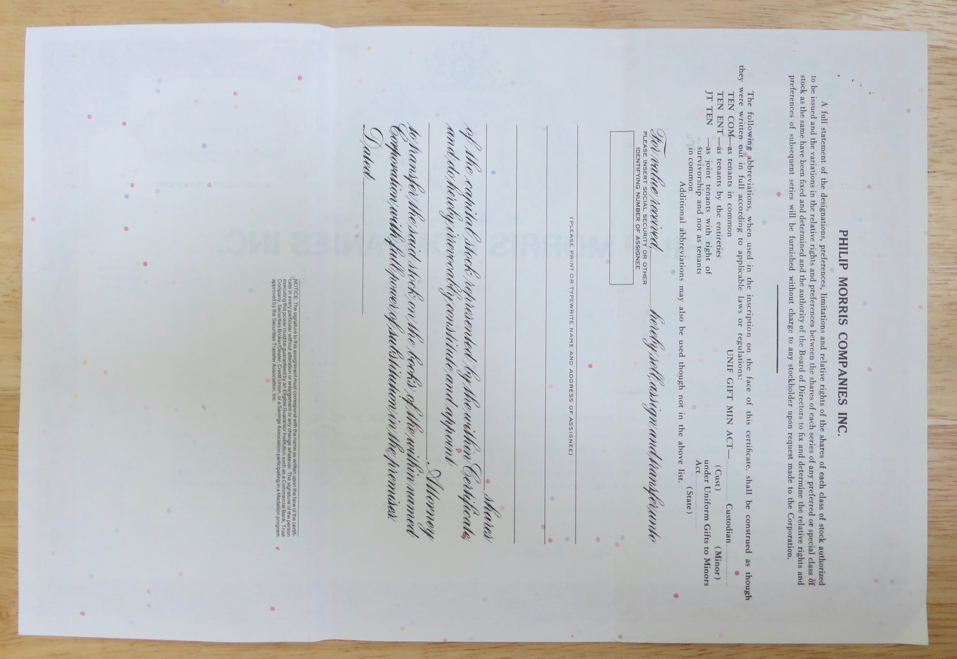 1999 Philip Morris Companies Inc Stock Certificate