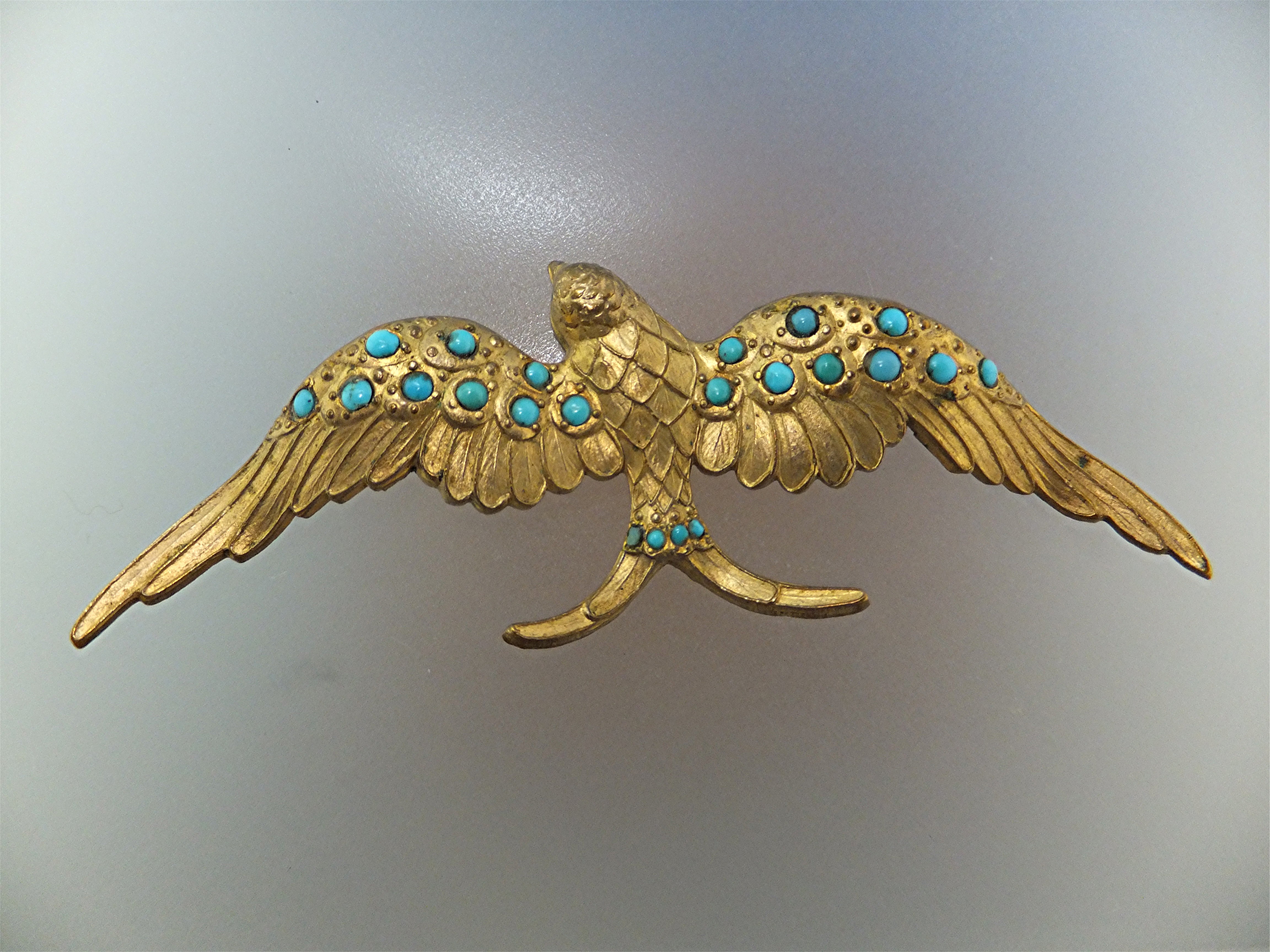 Brooch Antique Gilded  Bird with Turquoise
