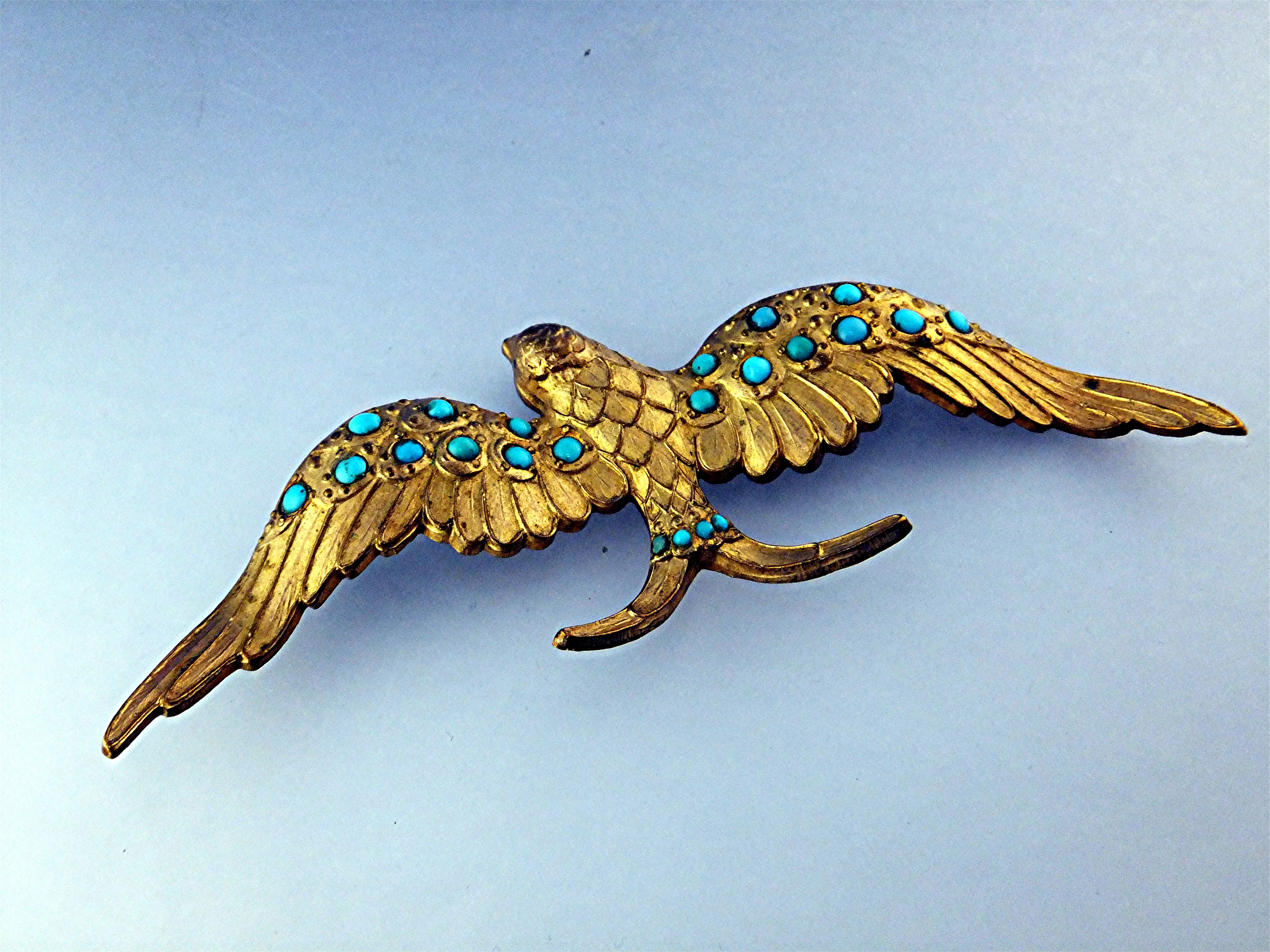 Brooch Antique Gilded  Bird with Turquoise