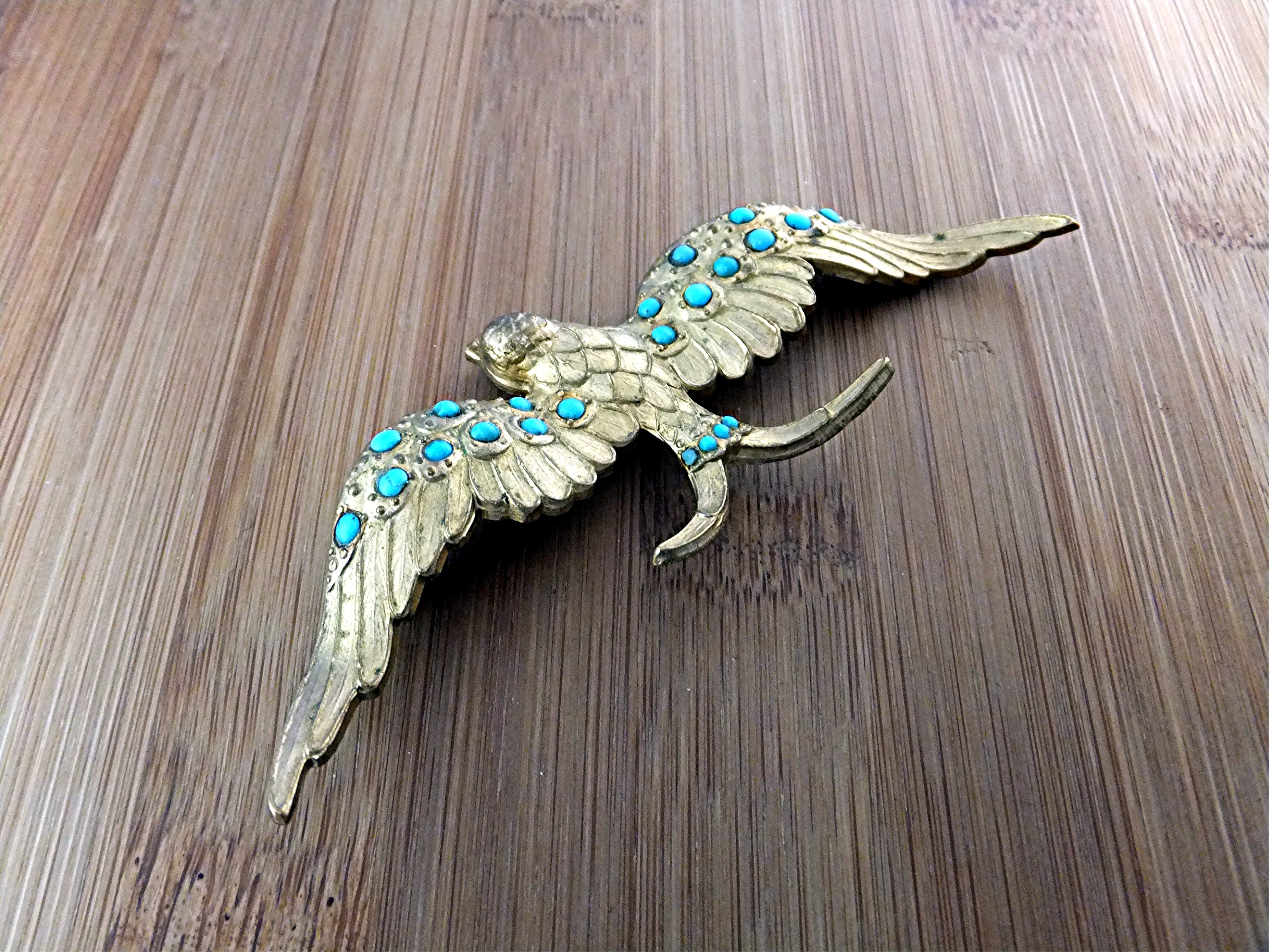 Brooch Antique Gilded  Bird with Turquoise