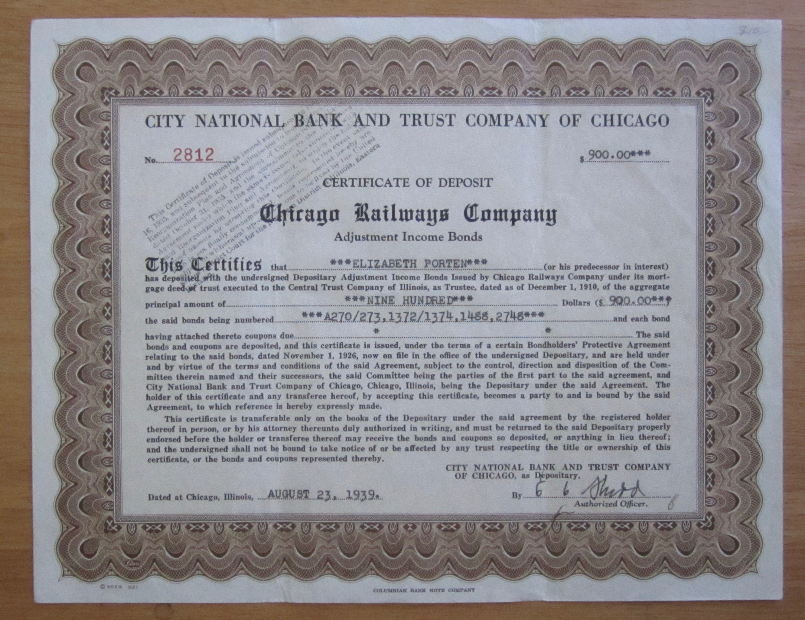 1939 Chicago Railways Company Stock Certificate