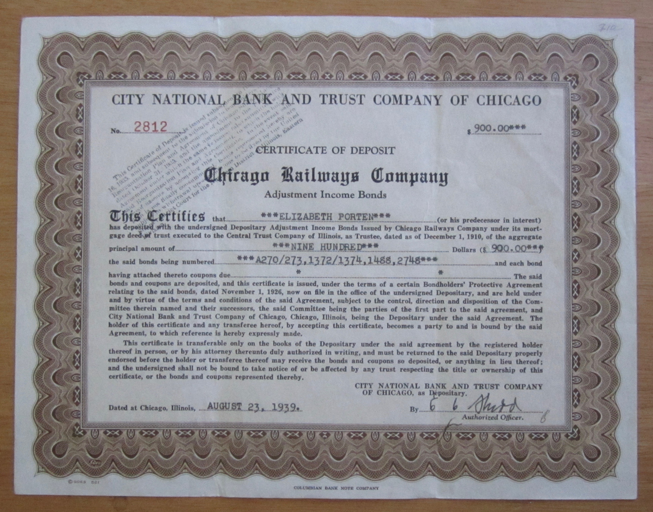 1939 Chicago Railways Company Stock Certificate