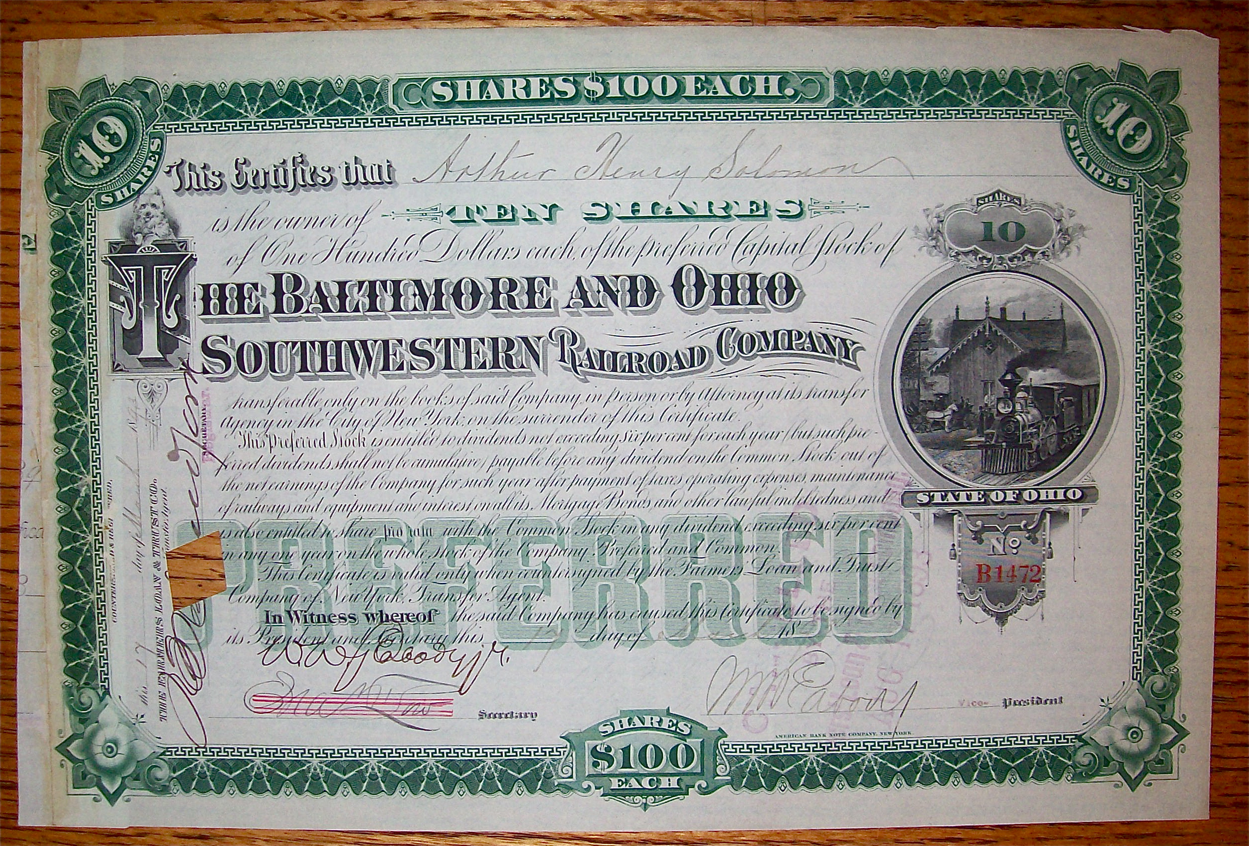 1893 Baltimore & Ohio Southwestern Railroad 10 Stock